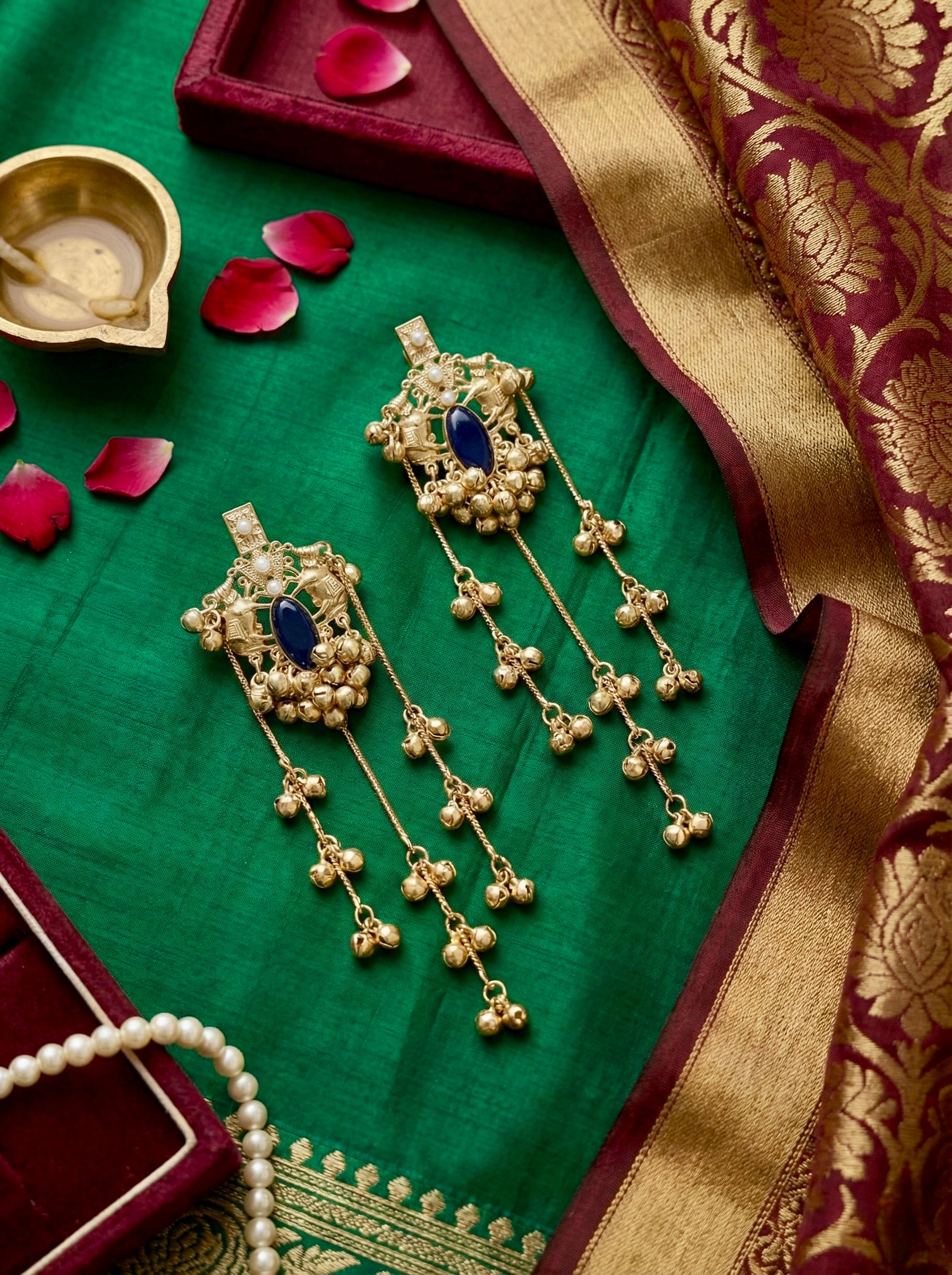 Blue Oval Stone Jhumar Earrings with Antique Gold and Long Tassel Ghungroo Danglers