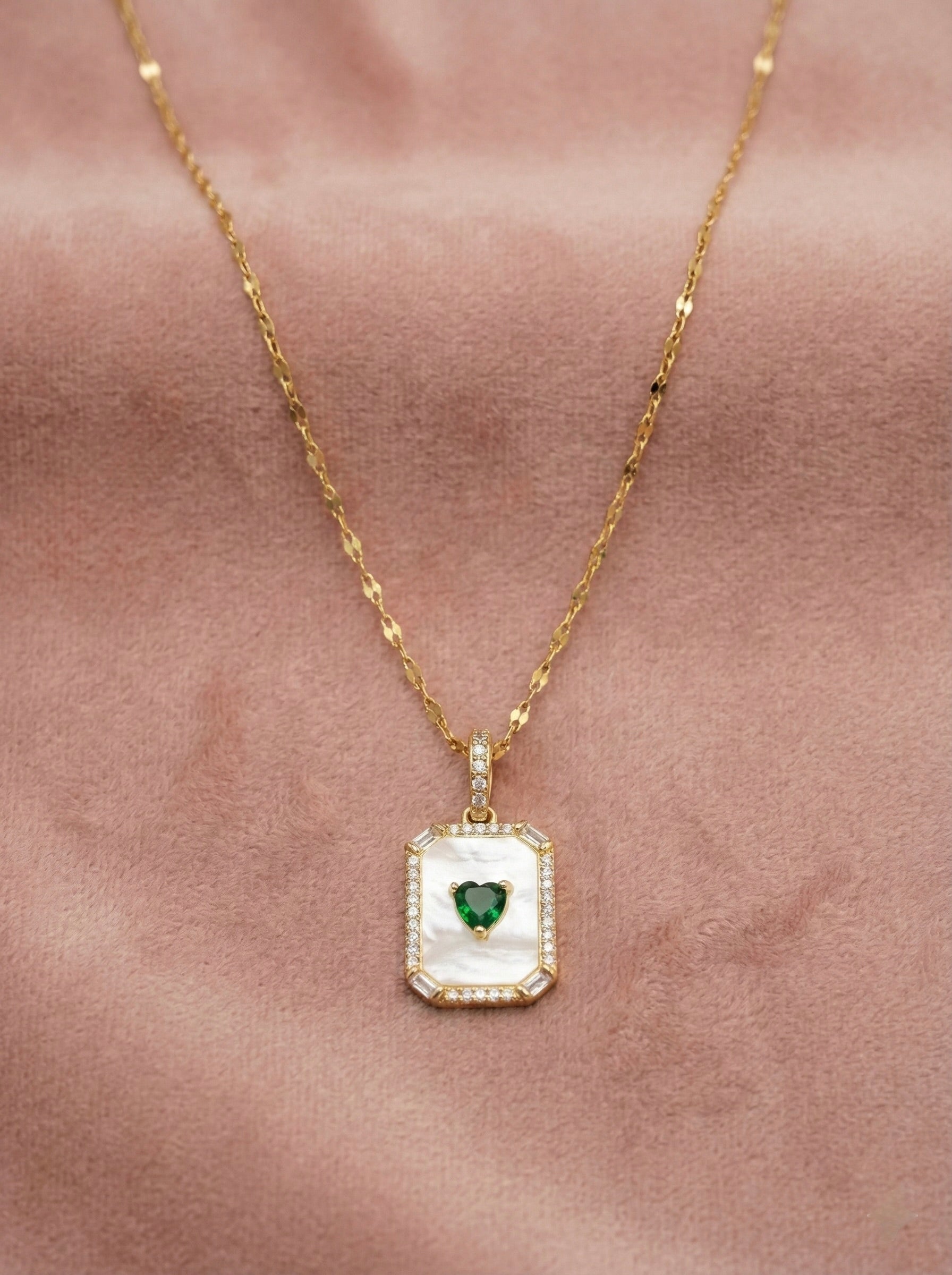 Emerelle Green Heart Halo Necklace – Gold Anti-Tarnish Statement Pendant