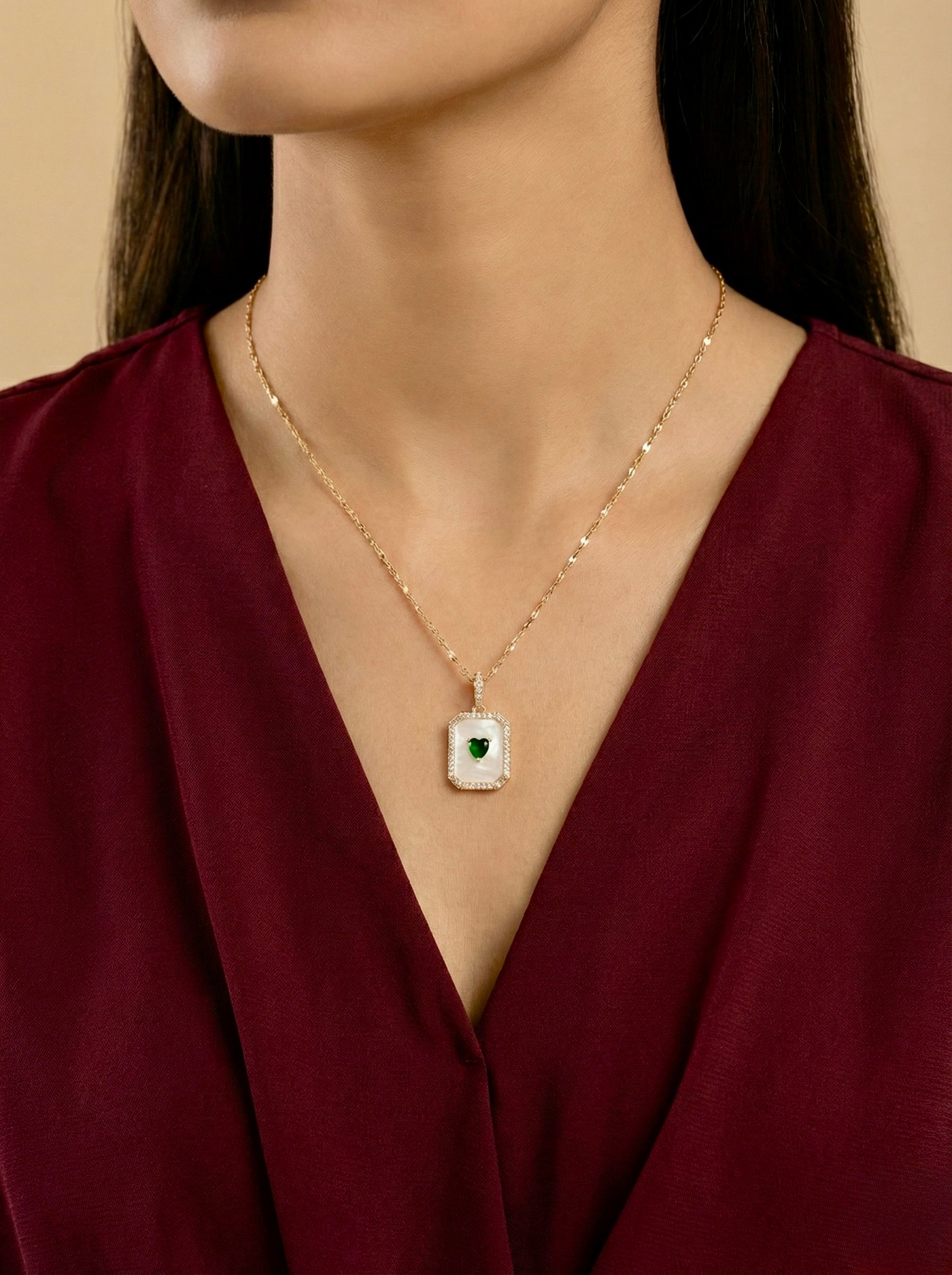 Emerelle Green Heart Halo Necklace – Gold Anti-Tarnish Statement Pendant