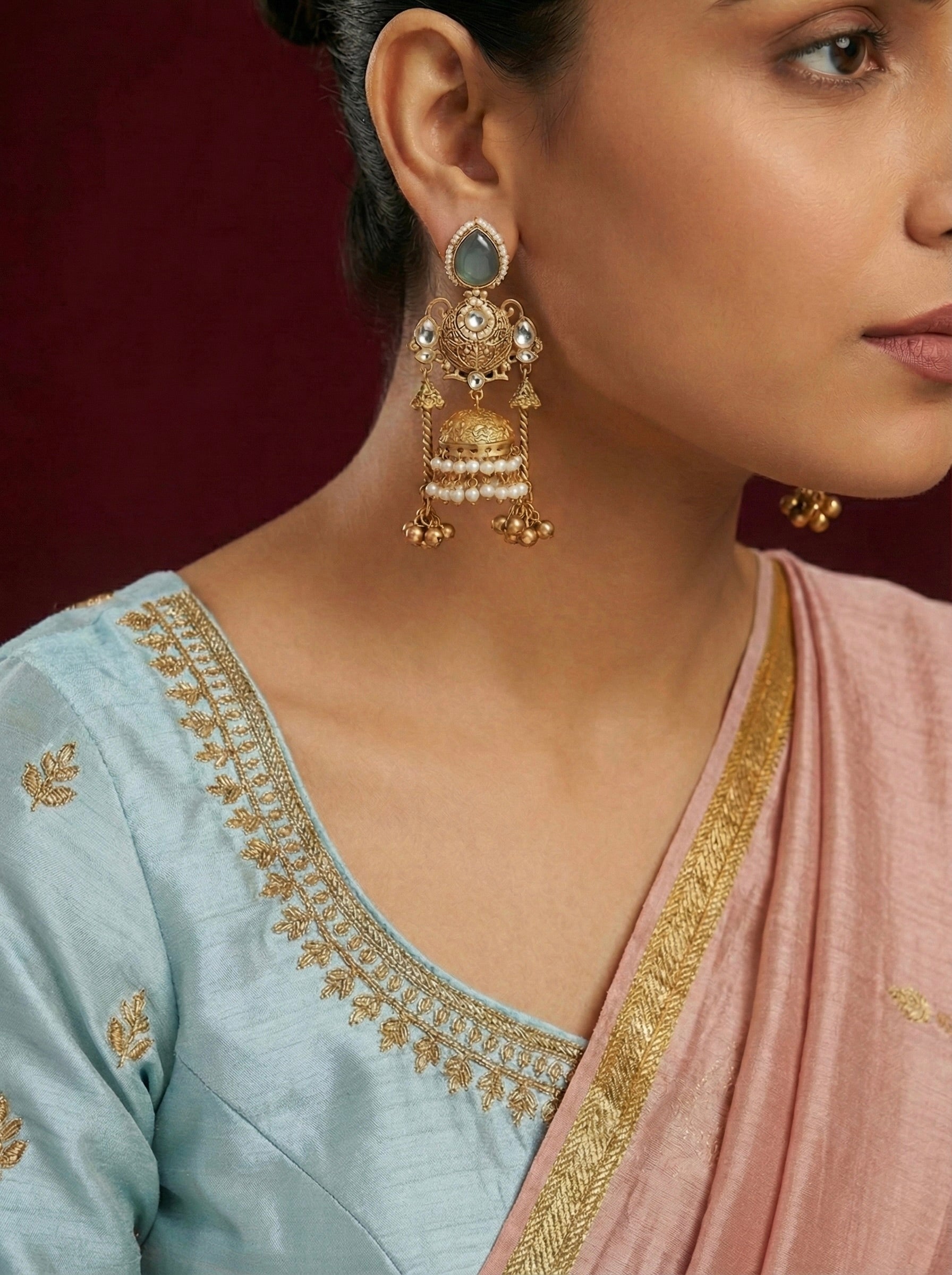 Mint Green Antique Gold Dual Dome Jhumka Earrings on Model Ear