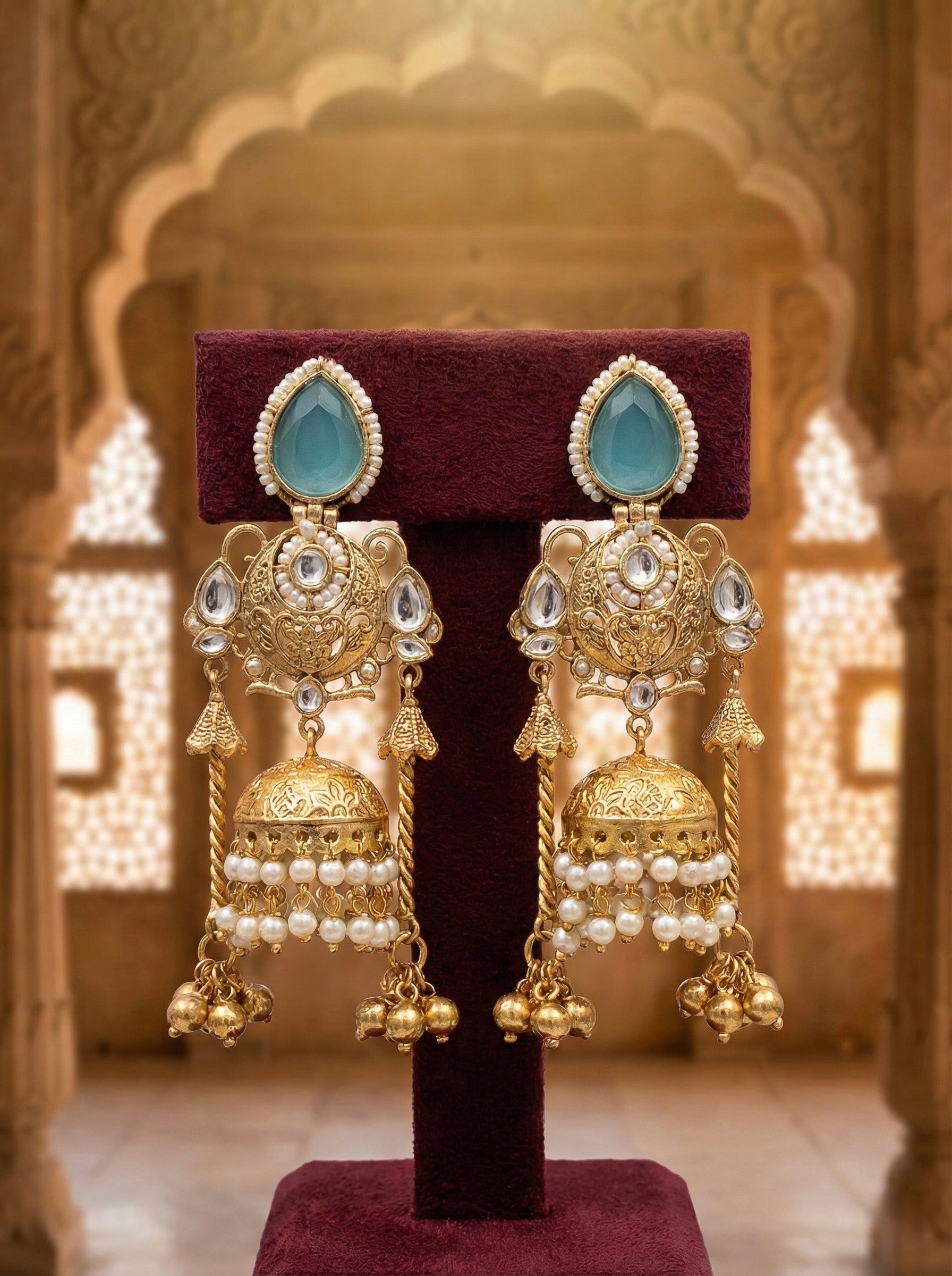 Mint Green Antique Gold Dual Dome Jhumka Earrings Front View