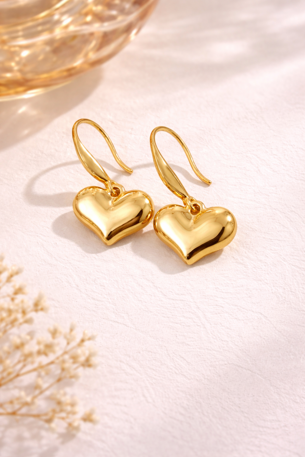 Amour Drops gold heart drop earrings with anti-tarnish finish and delicate sparkle for women