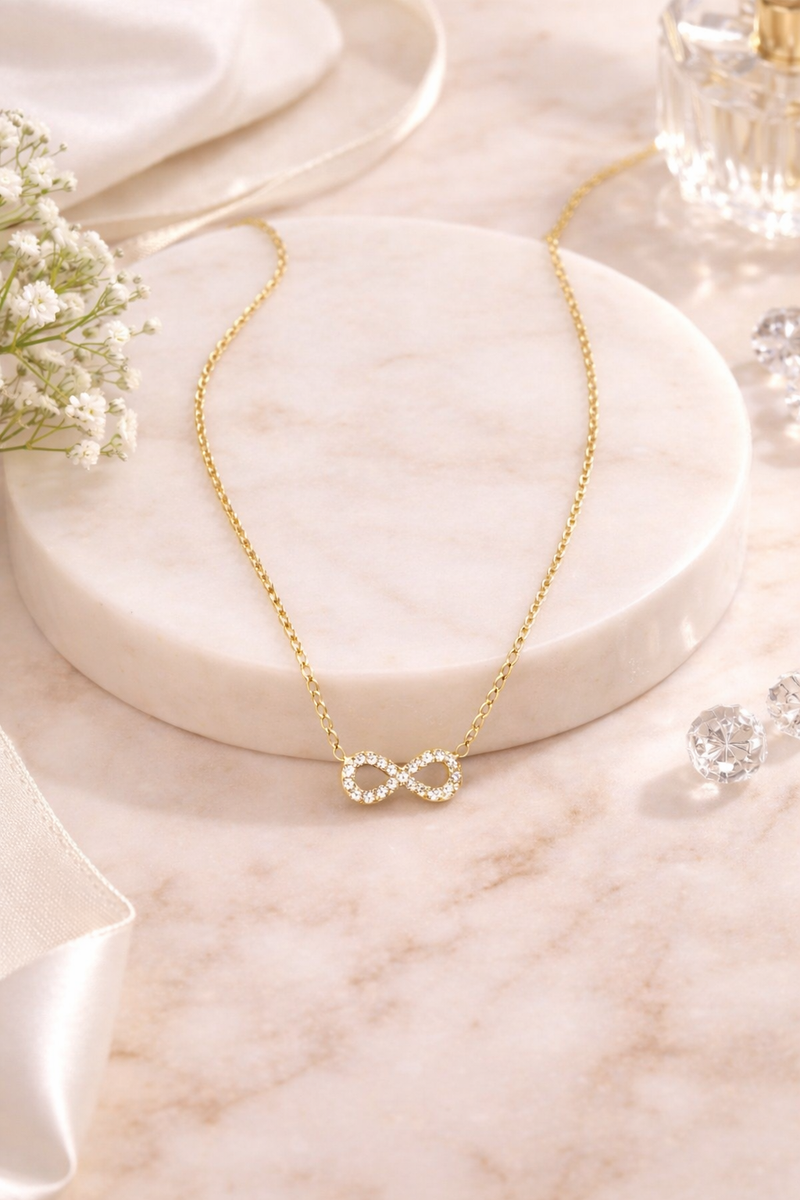 Ananta Infinity gold necklace with anti-tarnish finish