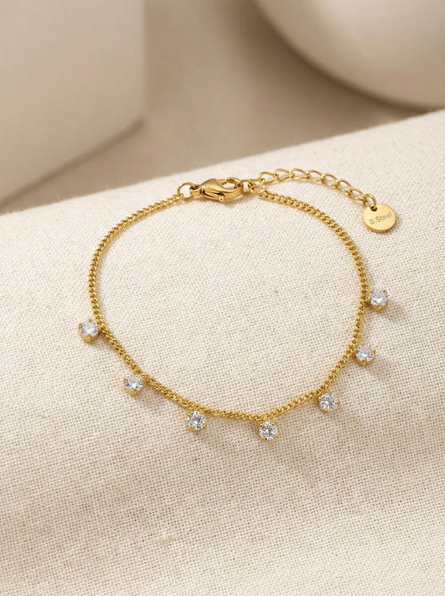 Close-up of anti-tarnish gold CZ drop bracelet detail