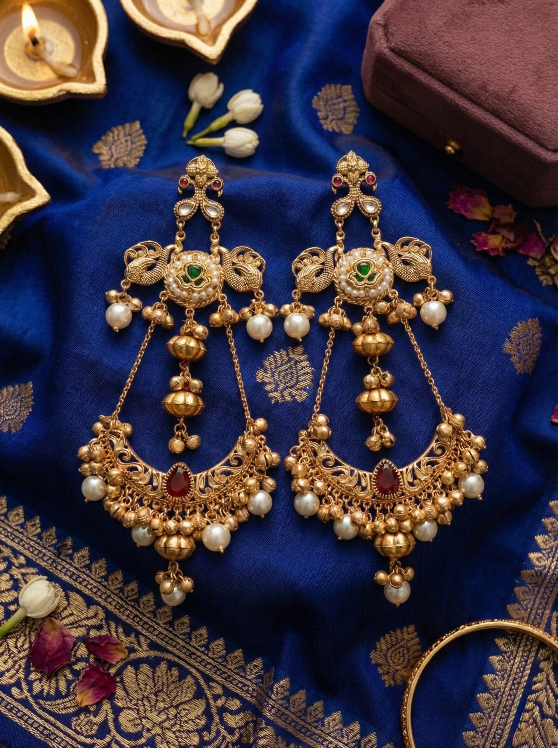 Antique Gold Peacock Bridal Dangler Earrings with Pearl Dome Jhumka