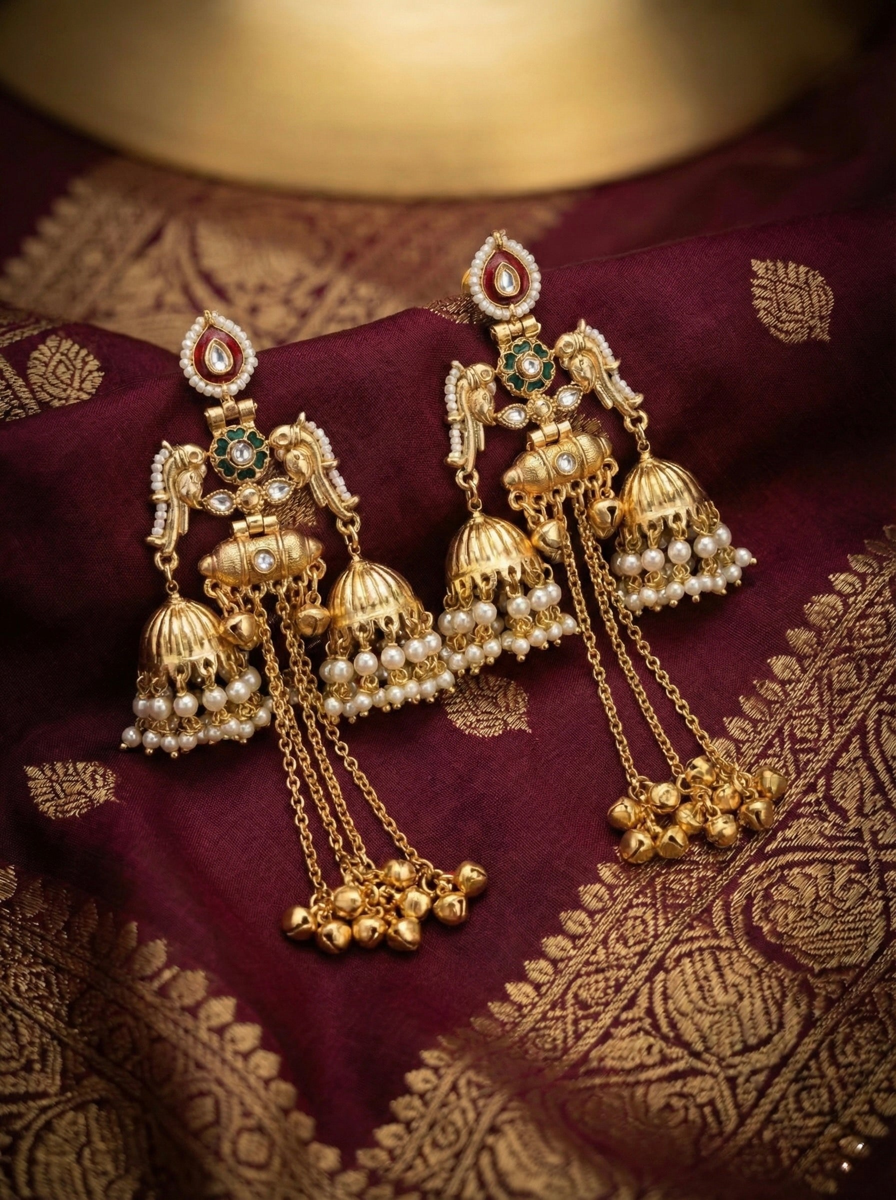 Regal Temple Jhumka Earrings on Model – Bridal & Festive Wear