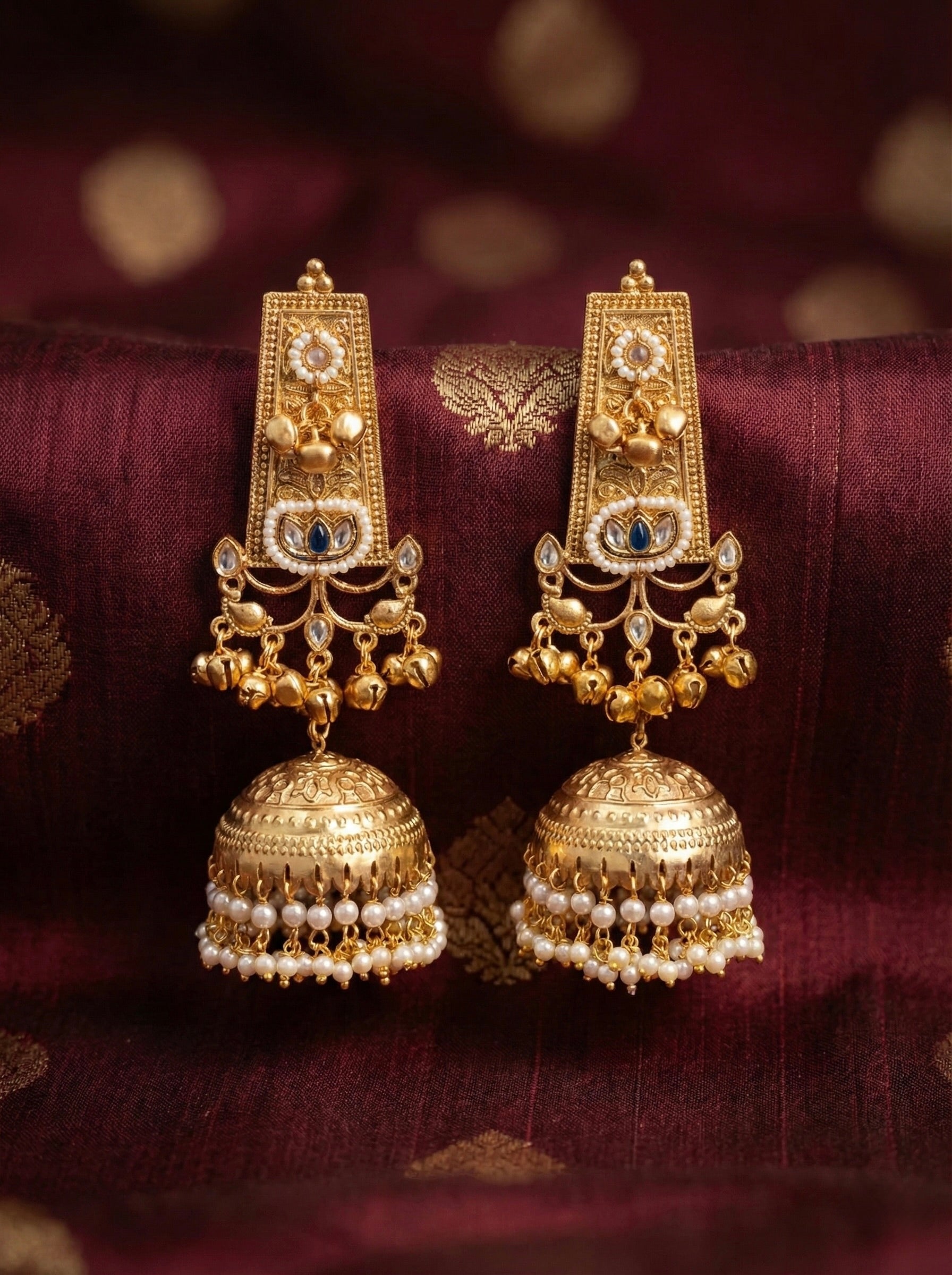Antique Gold Rectangle Top Jhumka Earrings with Engraved Dome and Pearl Danglers