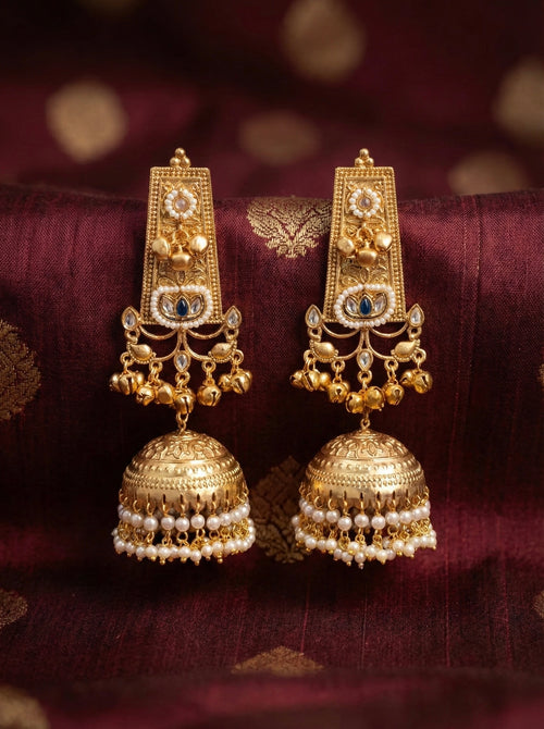 Antique Gold Rectangle Top Jhumka Earrings with Engraved Dome and Pearl Danglers