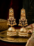 Antique Gold Rectangle Top Jhumka Earrings with green and red stones with Engraved Dome and Pearl Danglers