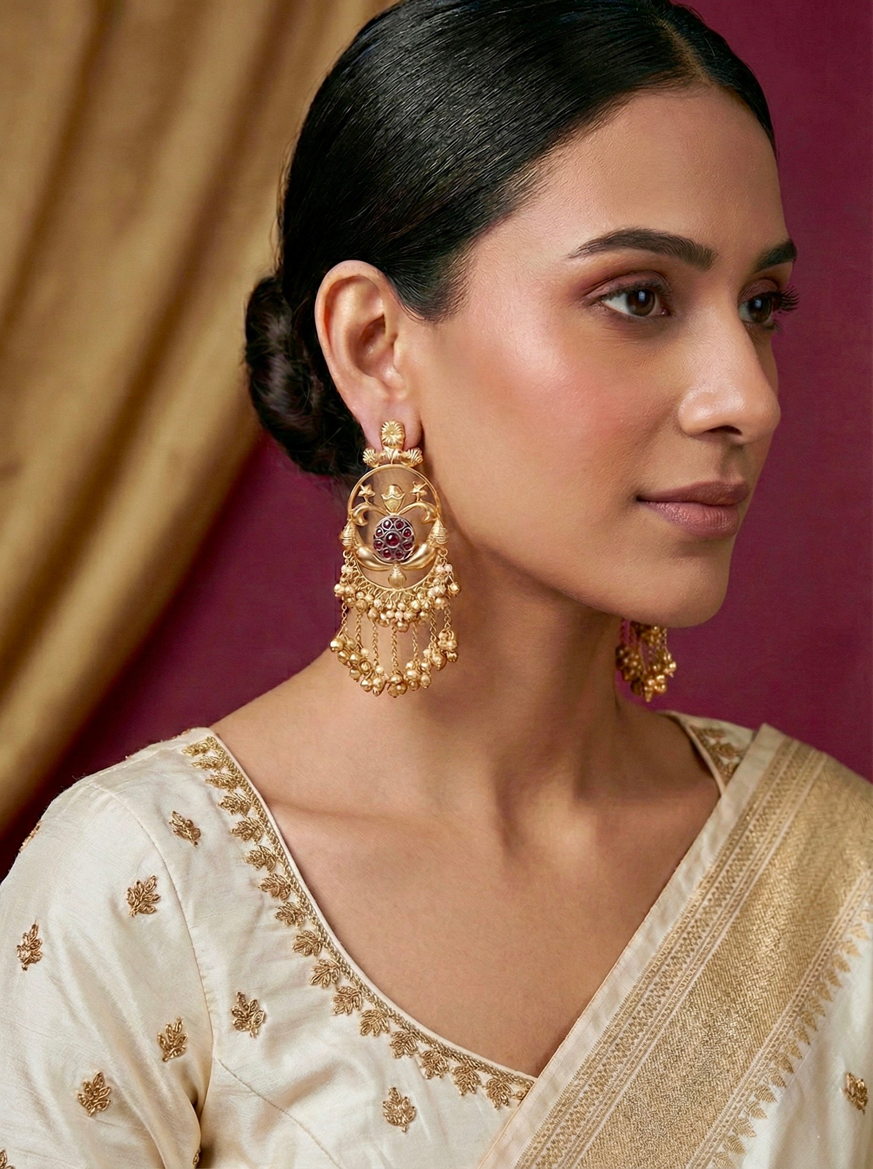 Festive Antique Gold Ruby Dangler Earrings on Model
