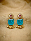 Aqua Blue Doublet Stone Dangler Earrings with Antique Gold Kundan Stud & Ghungroo Drops