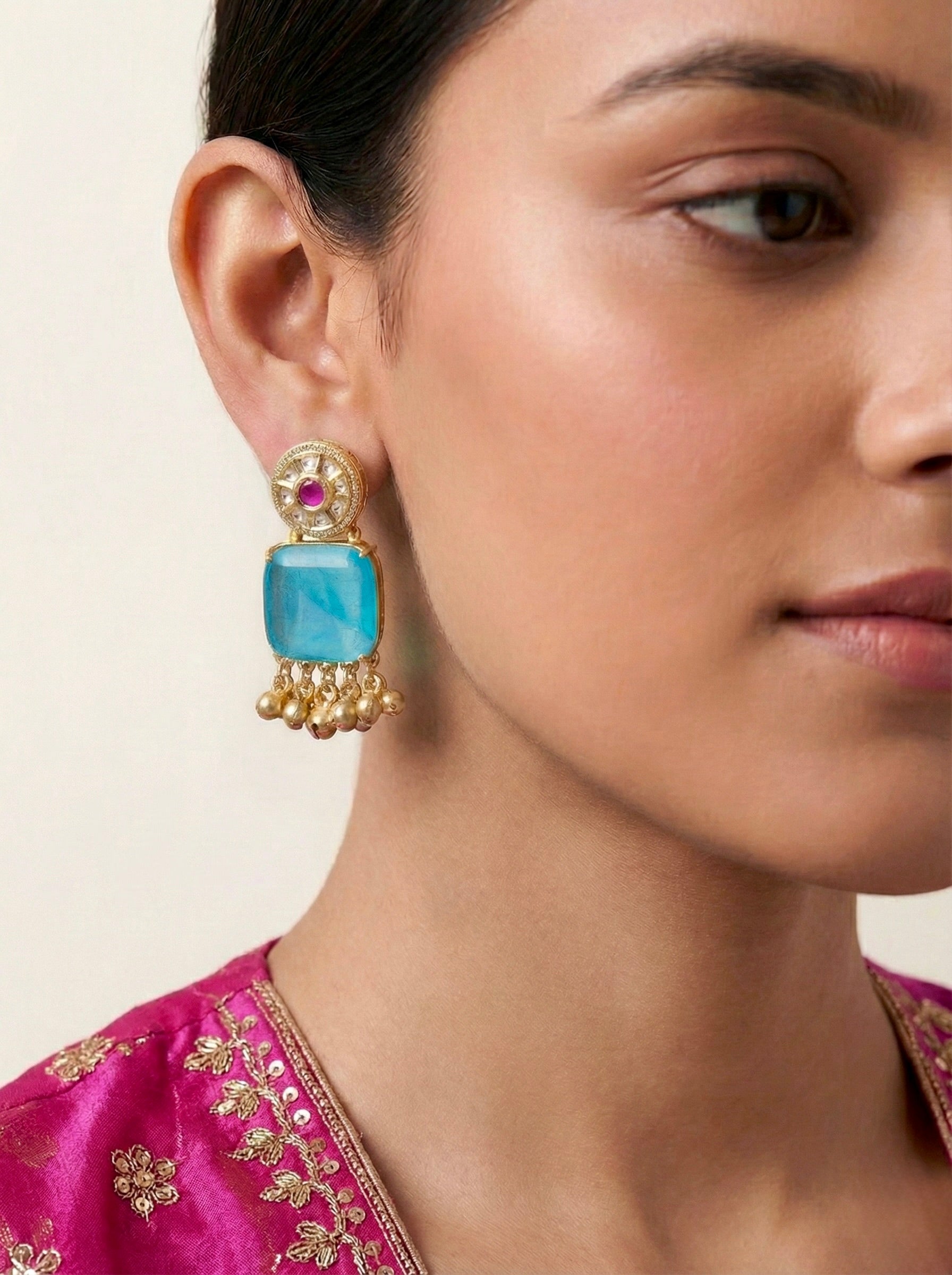 Festive Aqua Blue Danglers with Kundan and Ghungroo Detailing