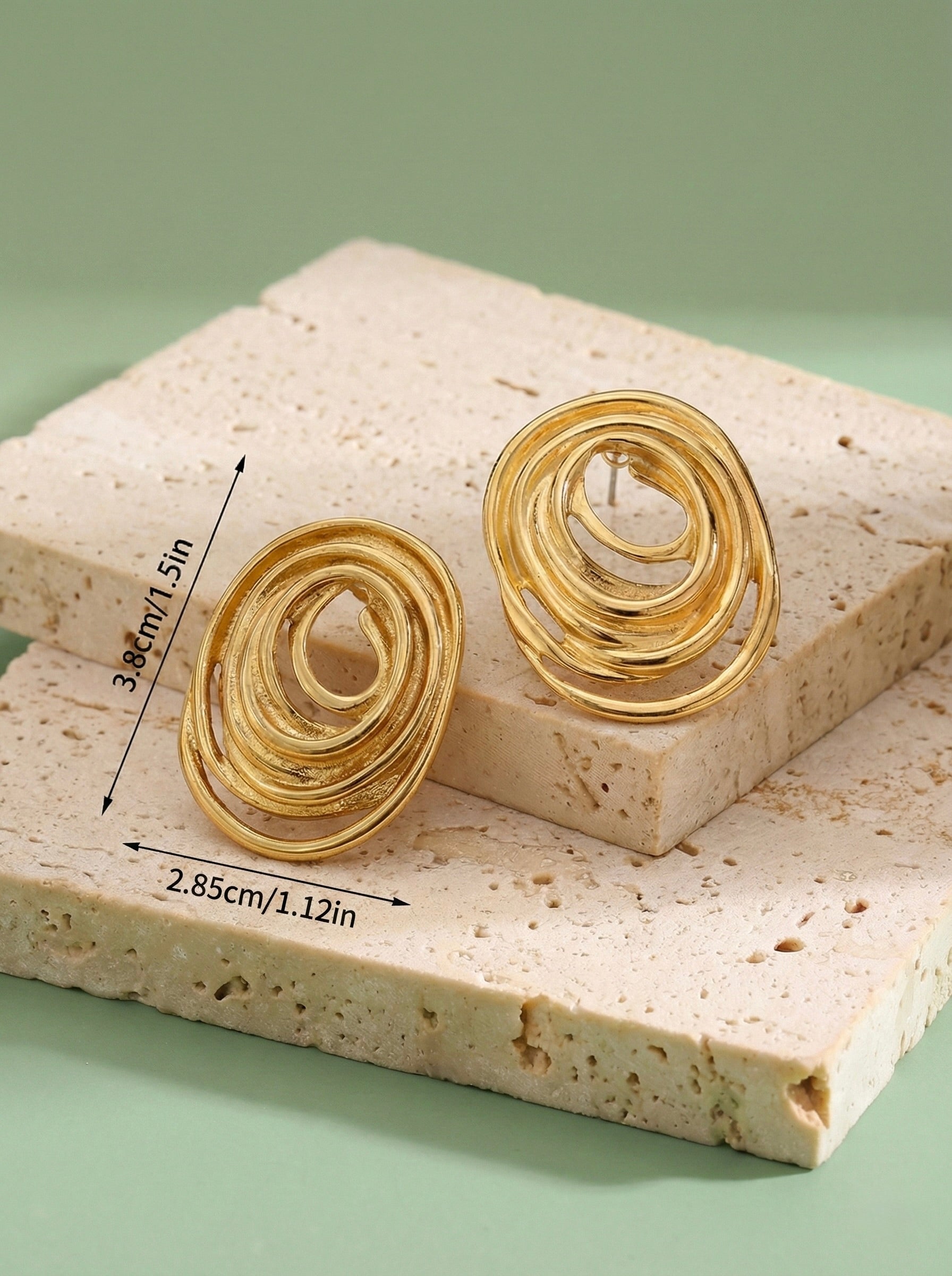 Measurements of Aurelia Swirl anti-tarnish gold statement studs earrings showing abstract swirl design