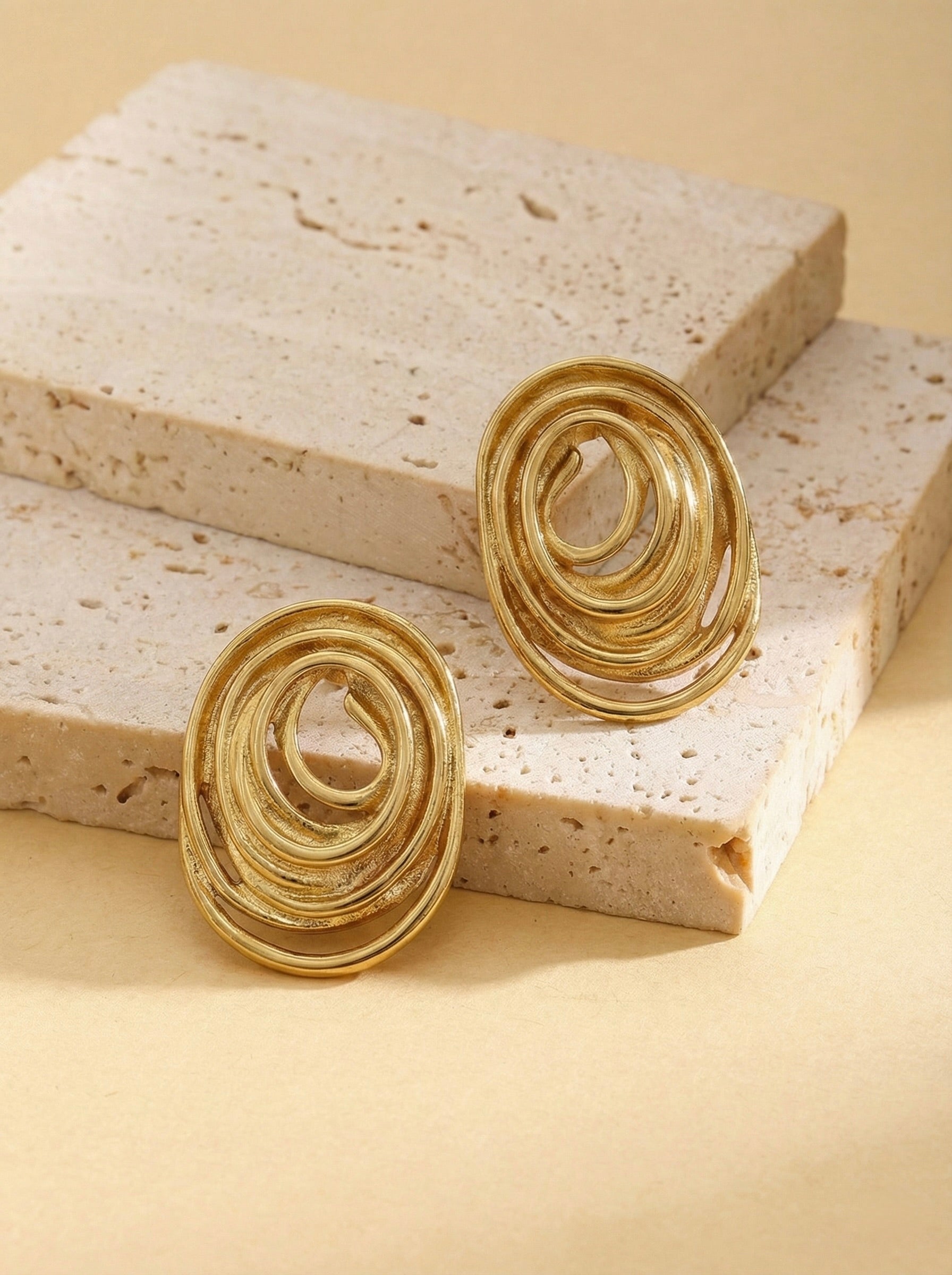 Aurelia Swirl gold abstract statement stud earrings with anti-tarnish finish for women