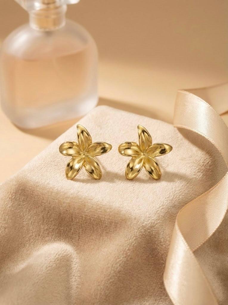 Aurelisse Bloom gold floral stud earrings with anti-tarnish finish by Sajheera