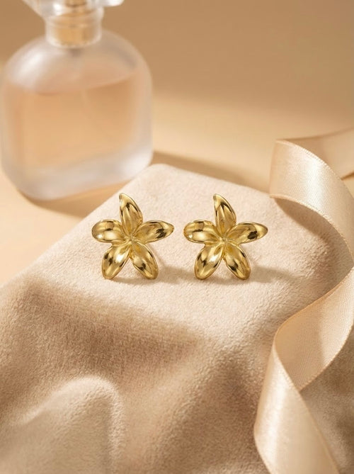 Aurelisse Bloom gold floral stud earrings with anti-tarnish finish by Sajheera