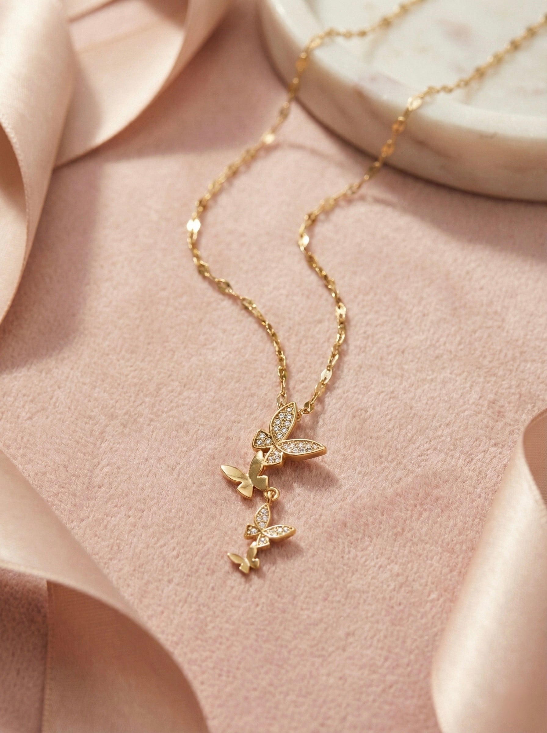 Aurethia butterfly drop necklace in gold with sparkling CZ stones and anti-tarnish finish