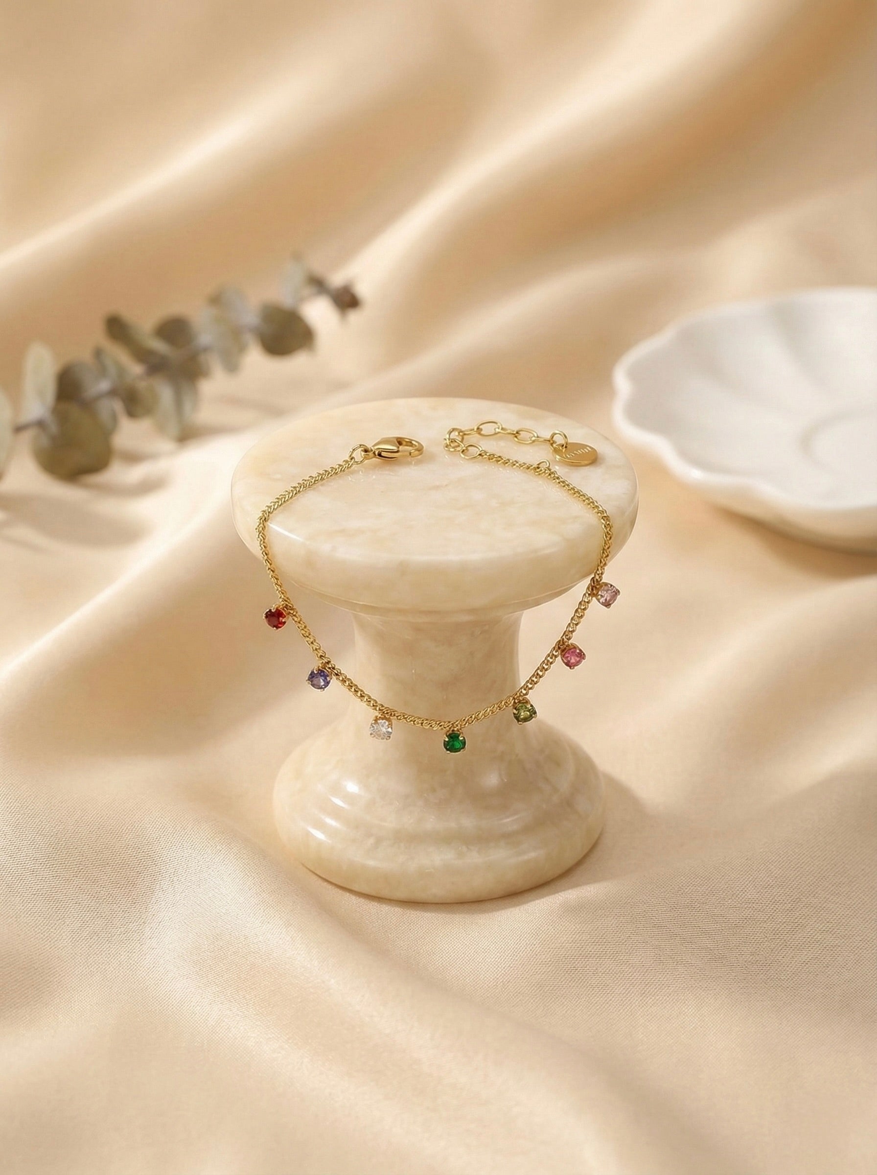 Aurielle Prism gold charm bracelet with multi-colour cubic zirconia and anti-tarnish finish by Sajheera