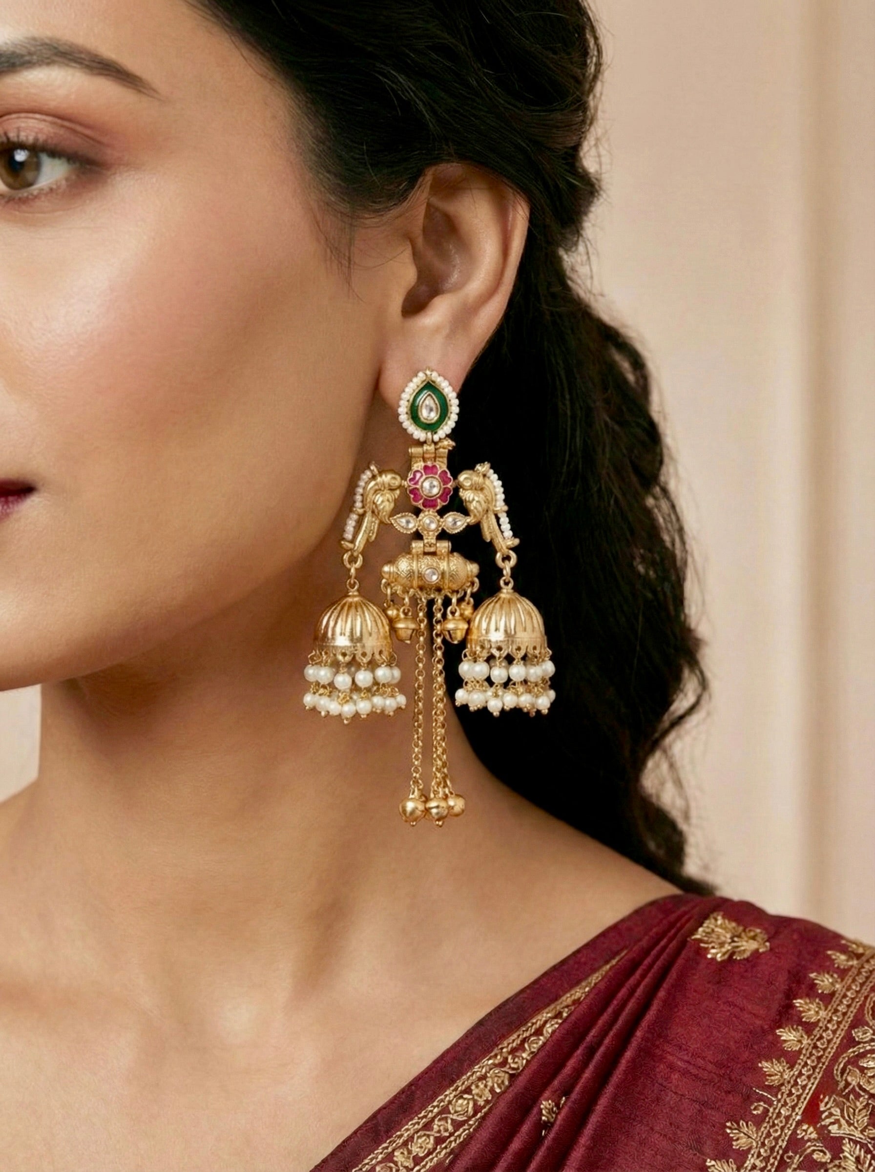 Traditional Bridal Temple Jhumka Earrings with Bird Motif