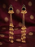 Black Stone Long Tassel Earrings with Antique Gold Triple-Chain Ghungroo Danglers