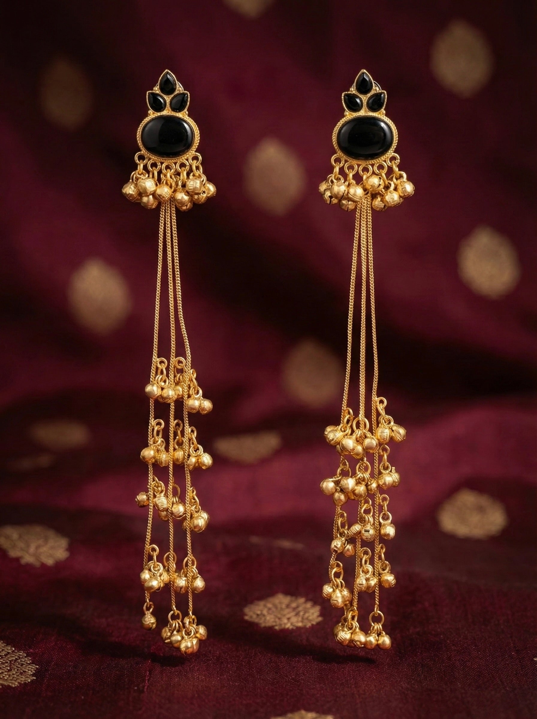 Black Stone Long Tassel Earrings with Antique Gold Triple-Chain Ghungroo Danglers