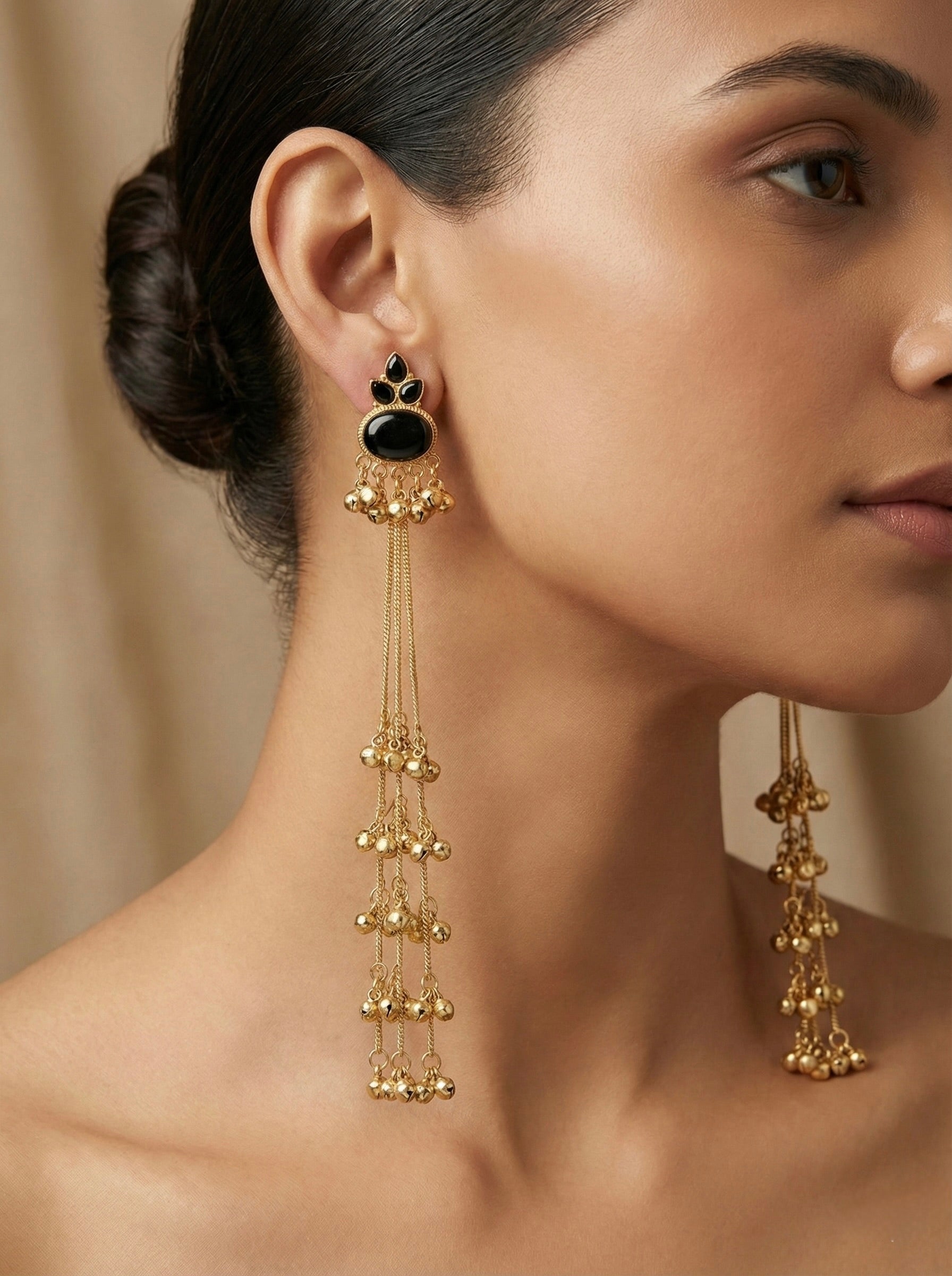 Black Stone Festive Statement Earrings – Antique Gold Long Tassels
