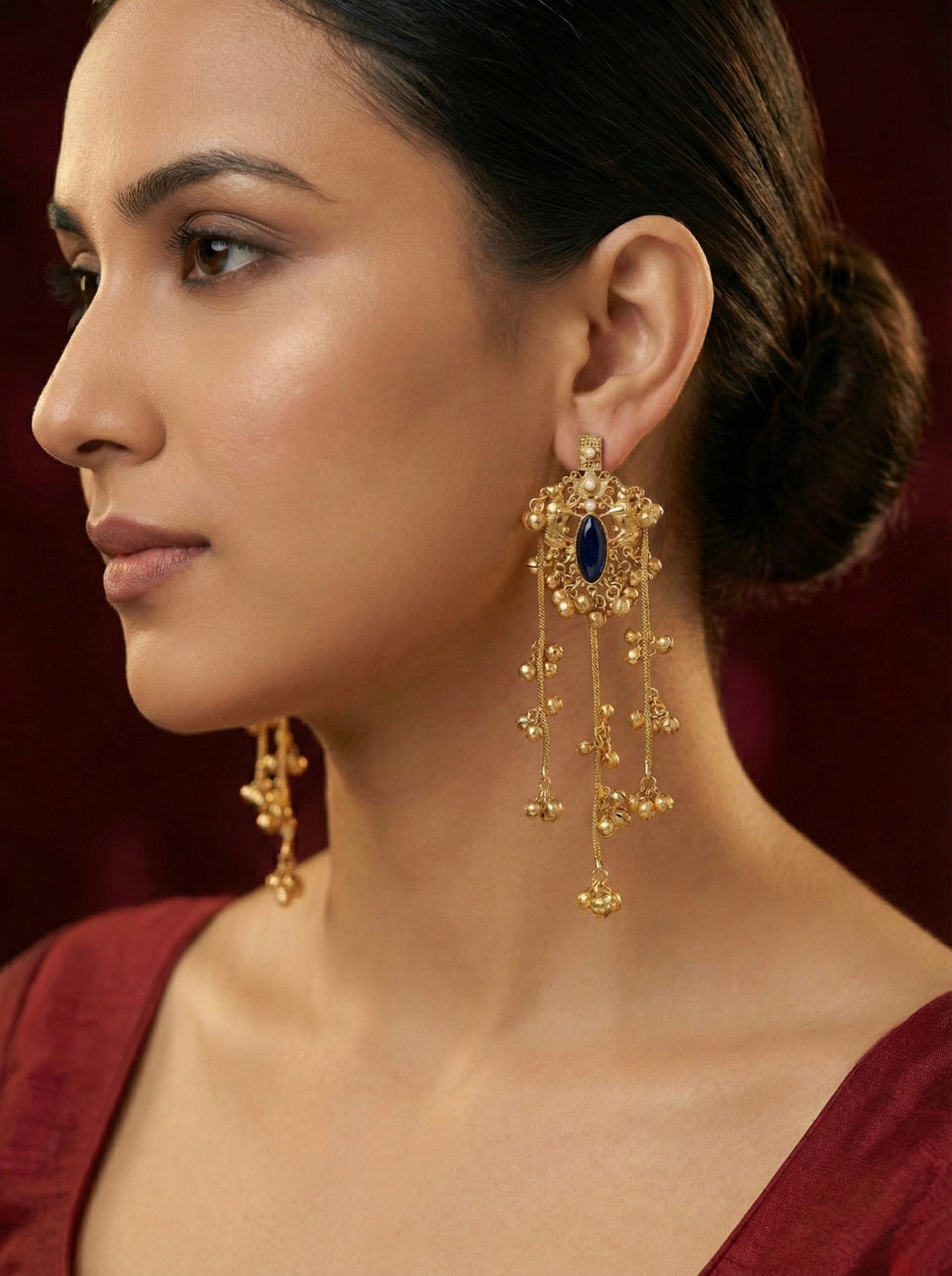 Antique Gold Blue Oval Stone Dangler Earrings on Model