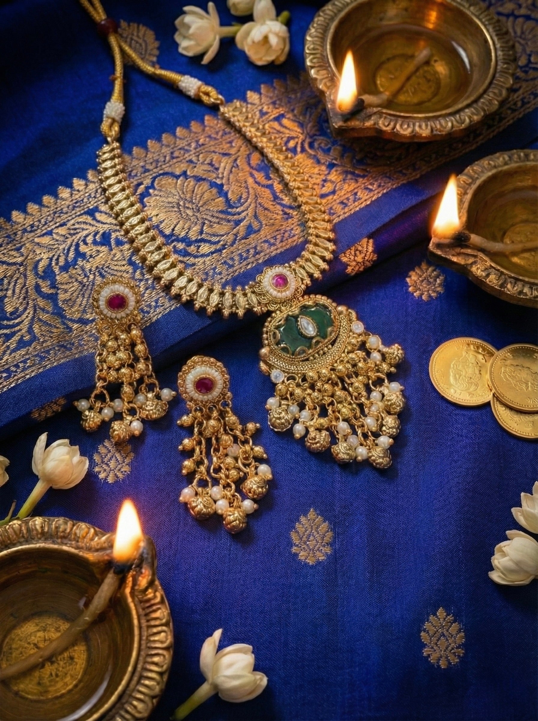 Devika Ratna Royale antique gold kundan necklace set with pearl danglers and matching earrings