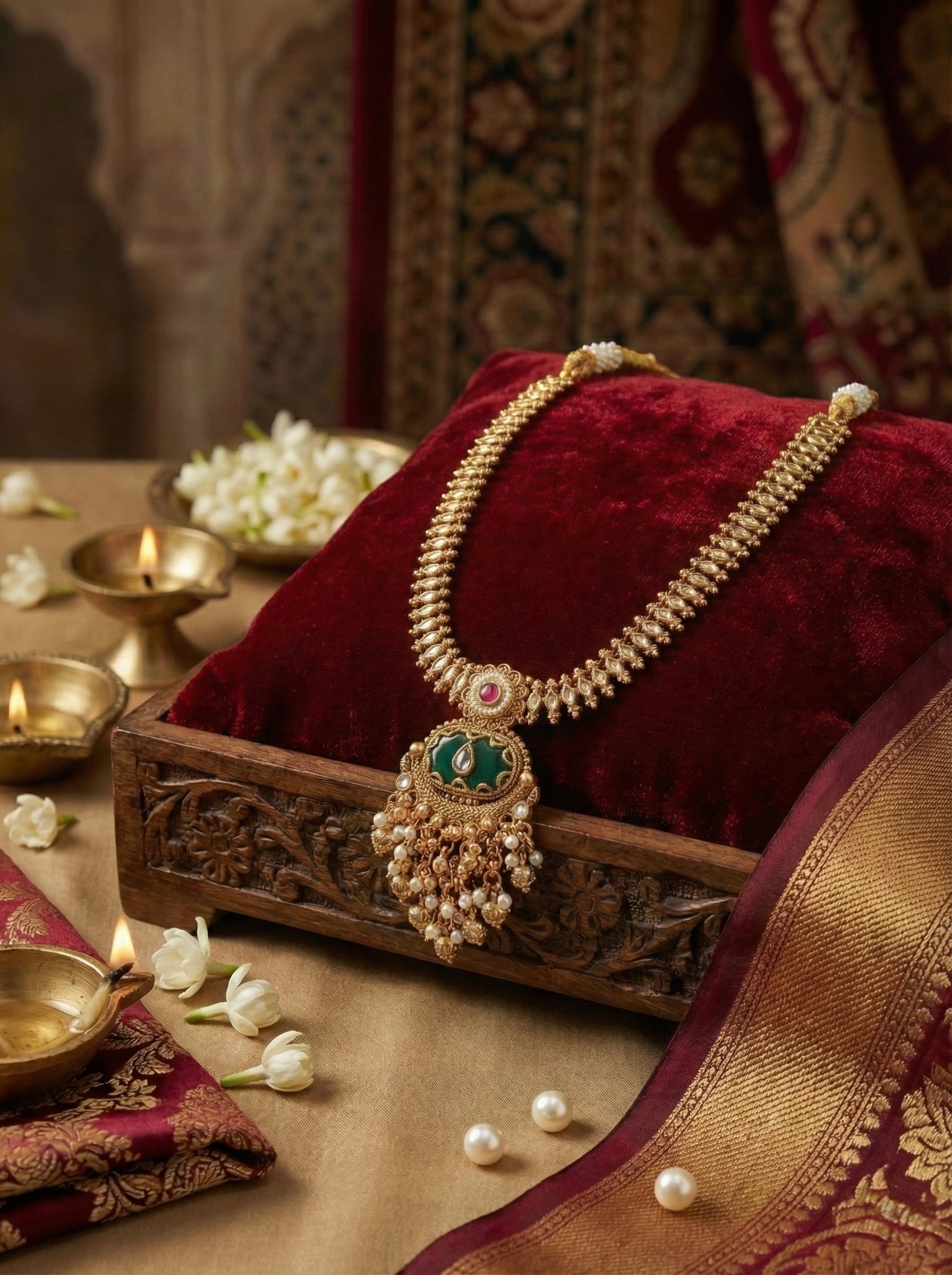 Close-up of Devika Ratna Royale antique gold kundan necklace with pearl danglers