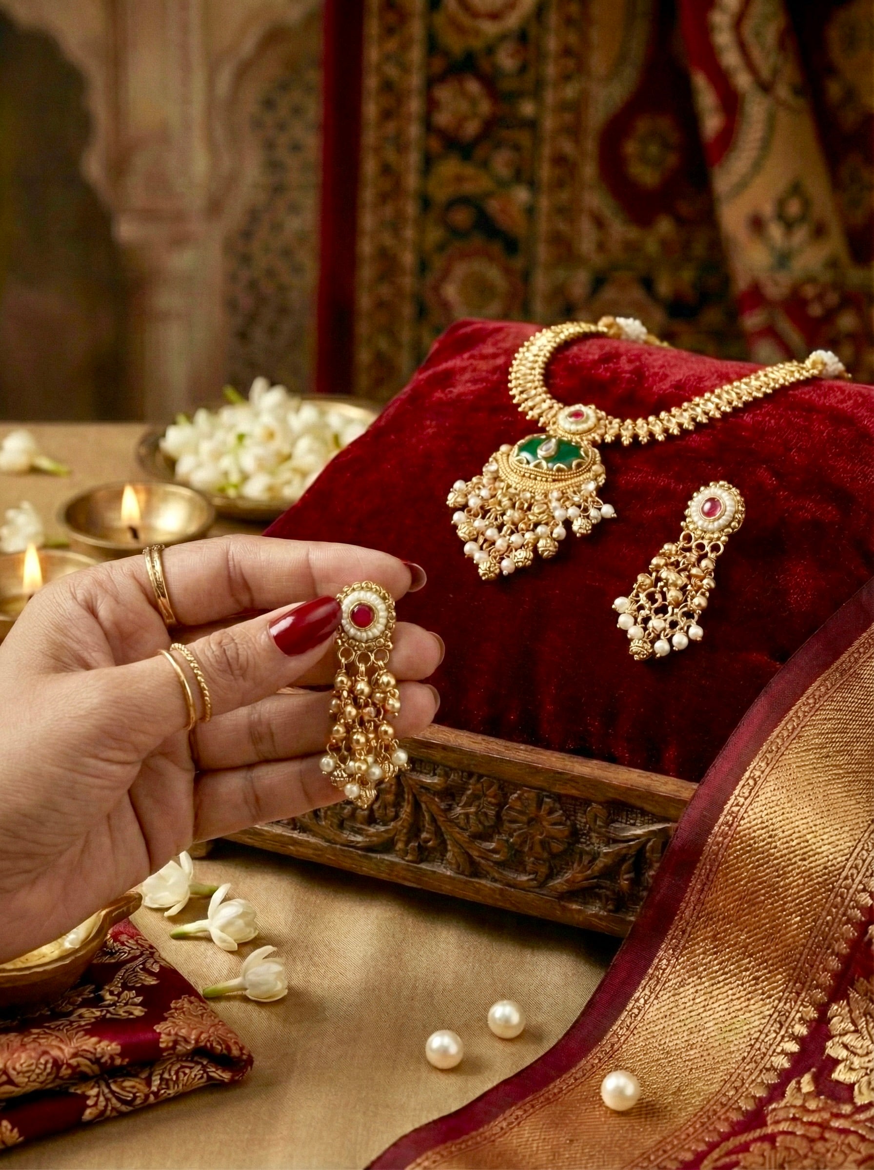 Close-up of matching Devika Ratna Royale antique gold kundan earrings with pearl danglers