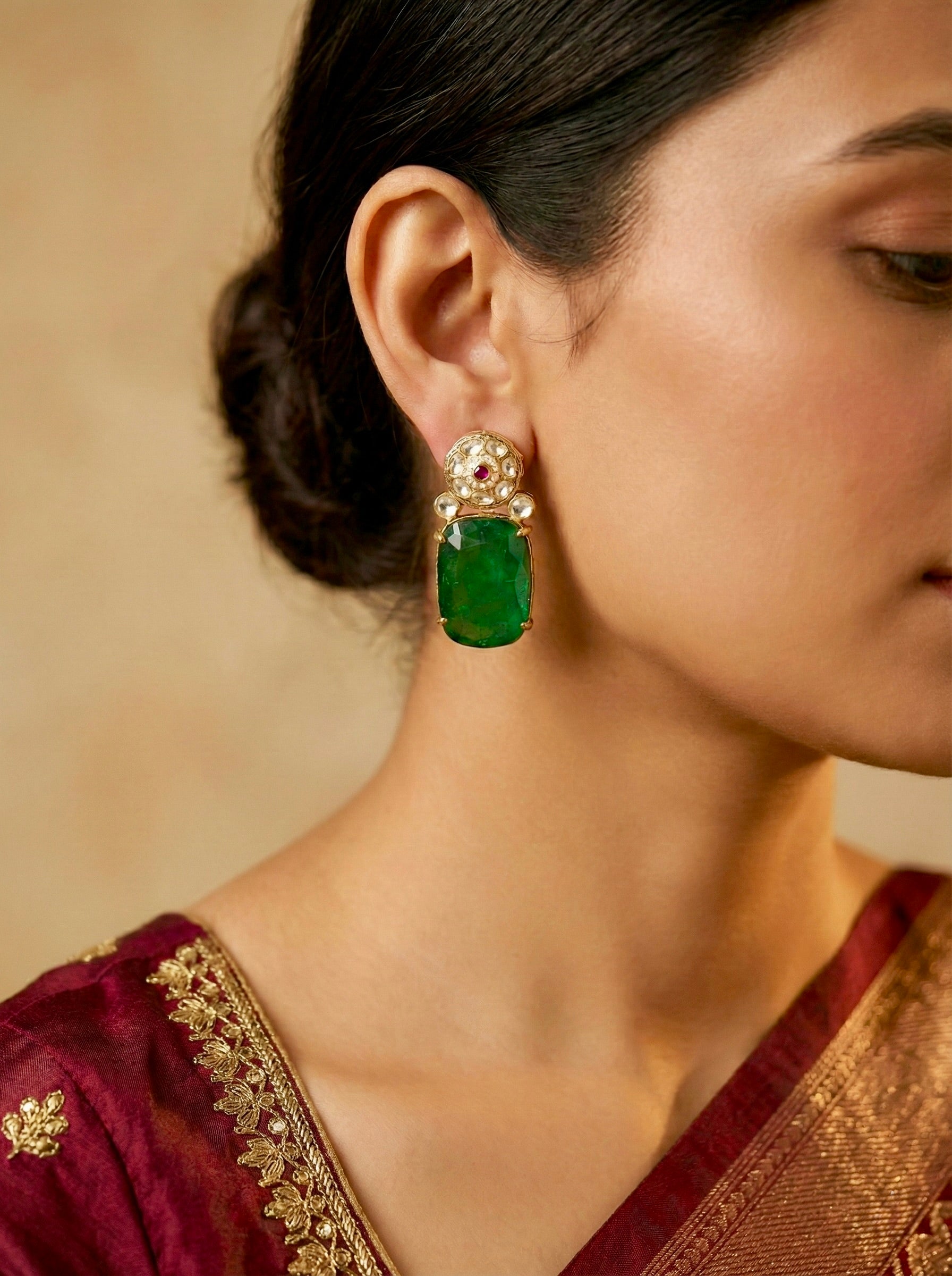 Elegant Green Kundan Statement Earrings with doublet stone
