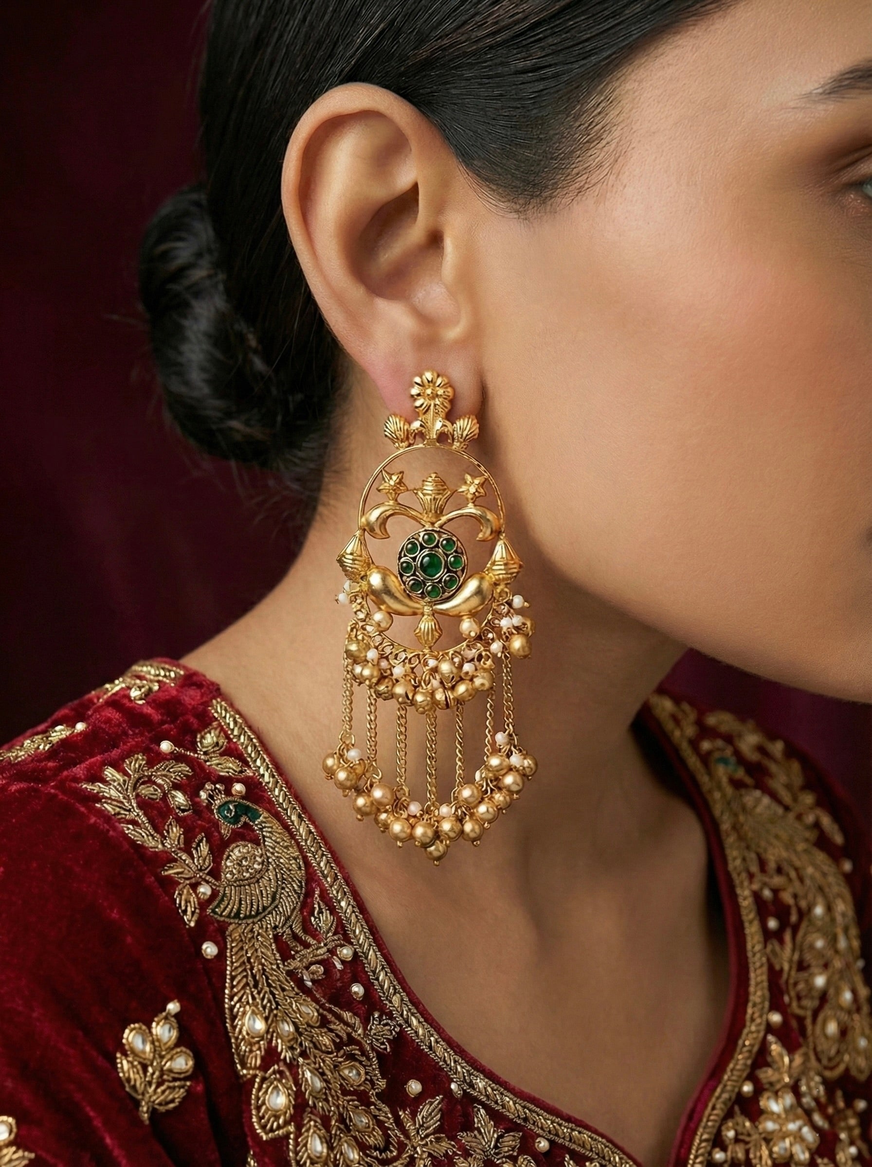 Statement Kashmiri Brass Earrings with Emerald Green and Floral Motifs
