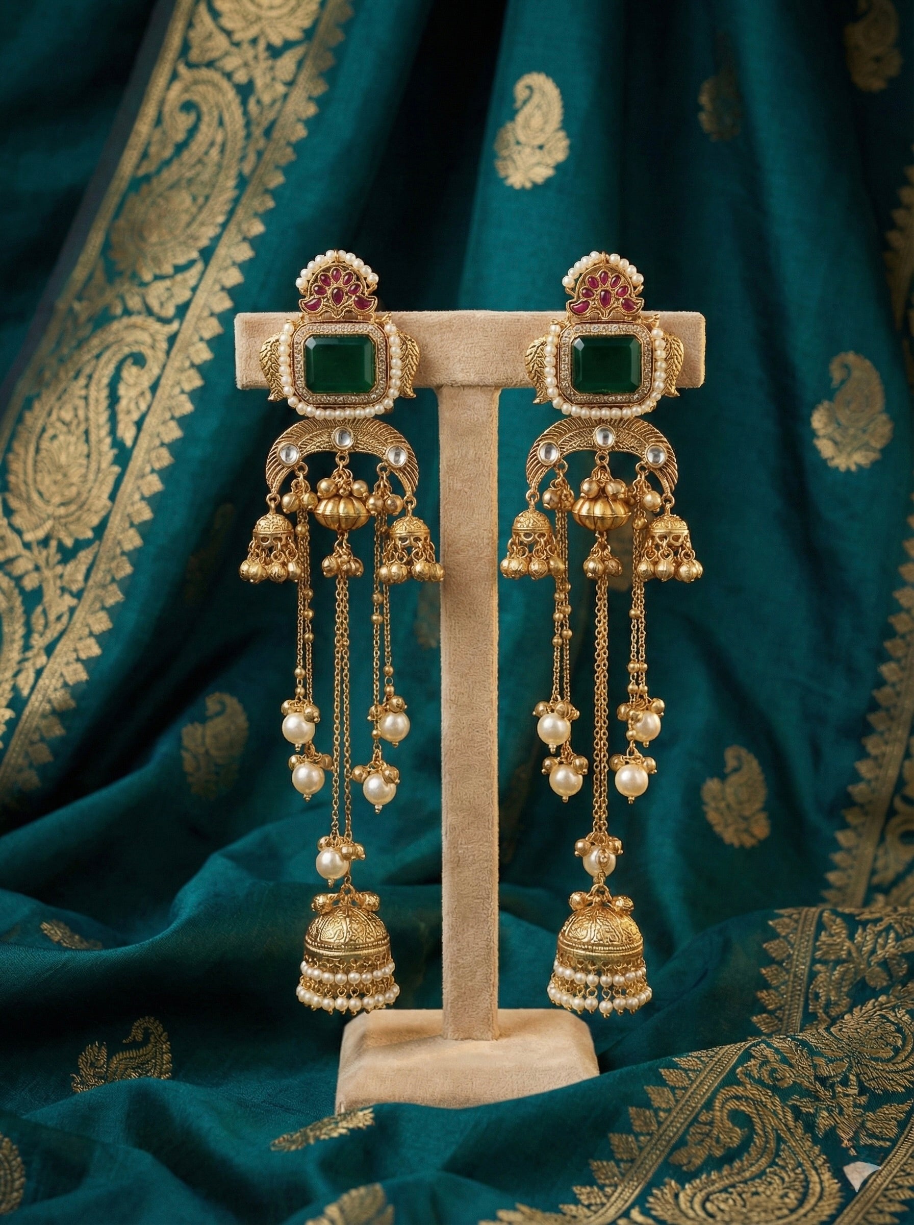 Emerald Green Square Royal Jhumar Passa with Pearl Chains Bridal Passa Earrings-Pearl-Edged Bridal Luxury