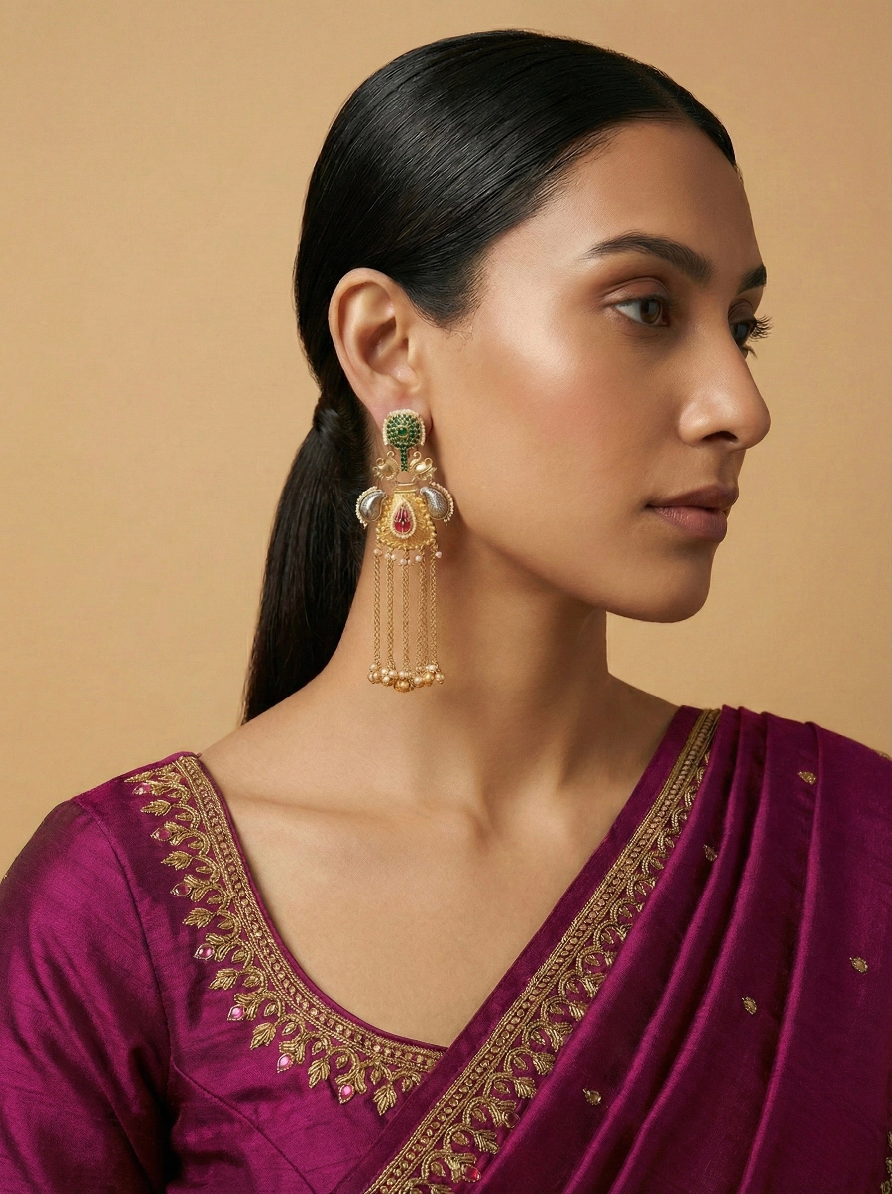 Traditional Indian Peacock Kundan Earrings with Ghungroo Chains