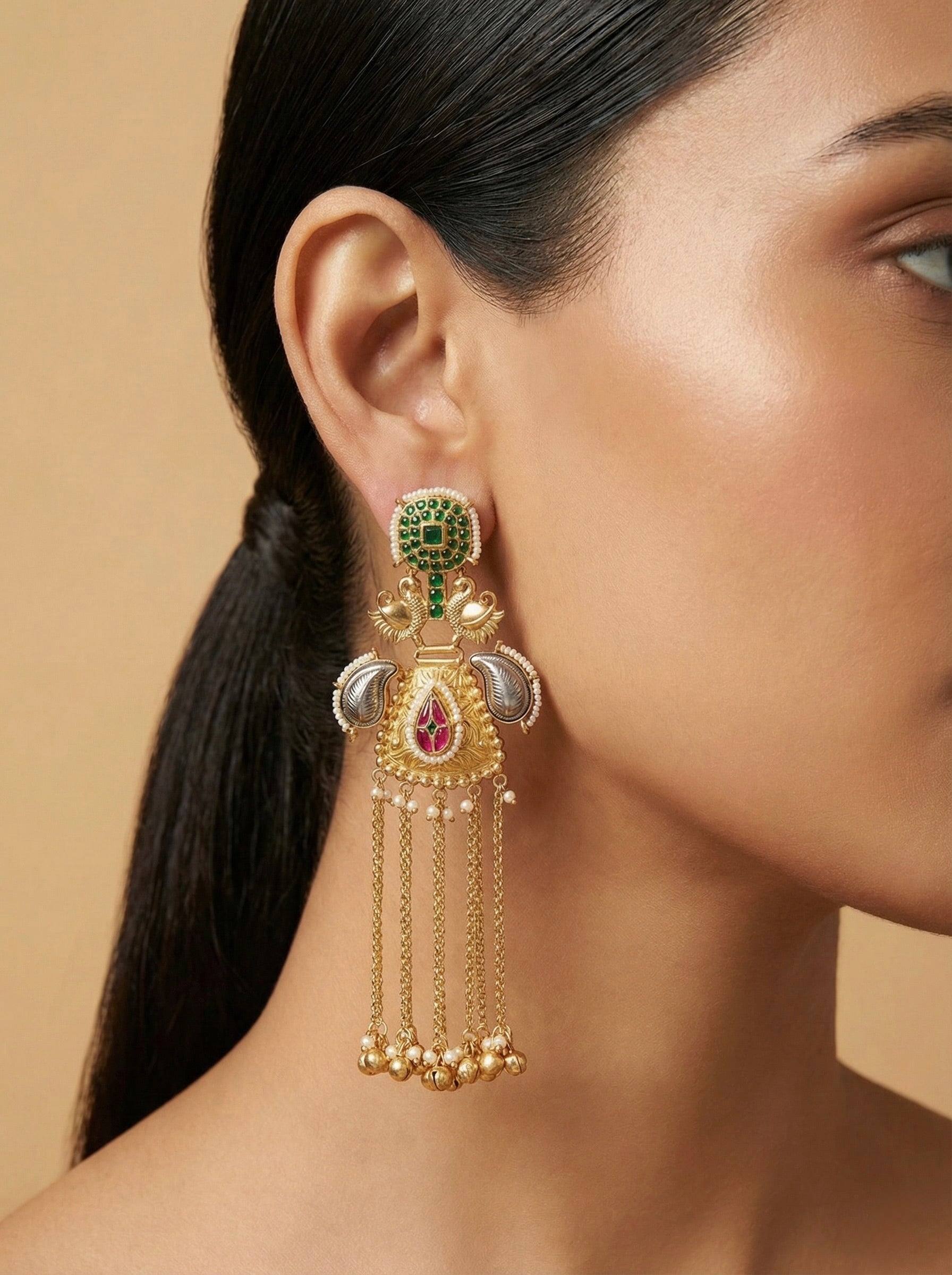 Peacock Style Green Emerald Kundan Long Danglers Bridal Earrings