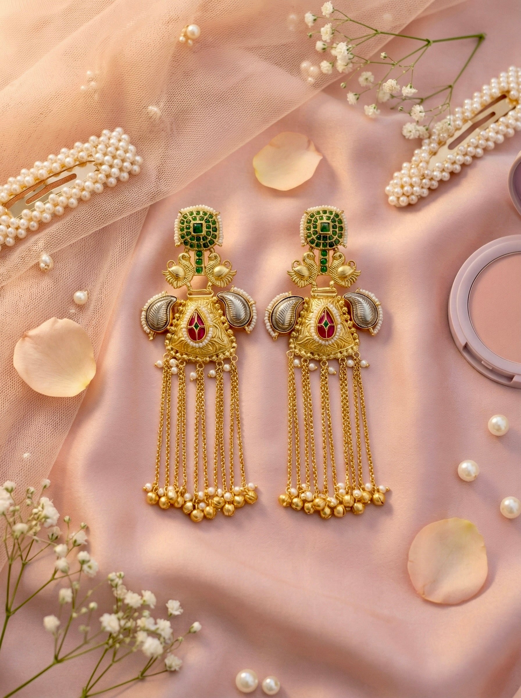 Emerald Kundan Peacock Long Earrings with Multi-Chain Ghungroo Drops