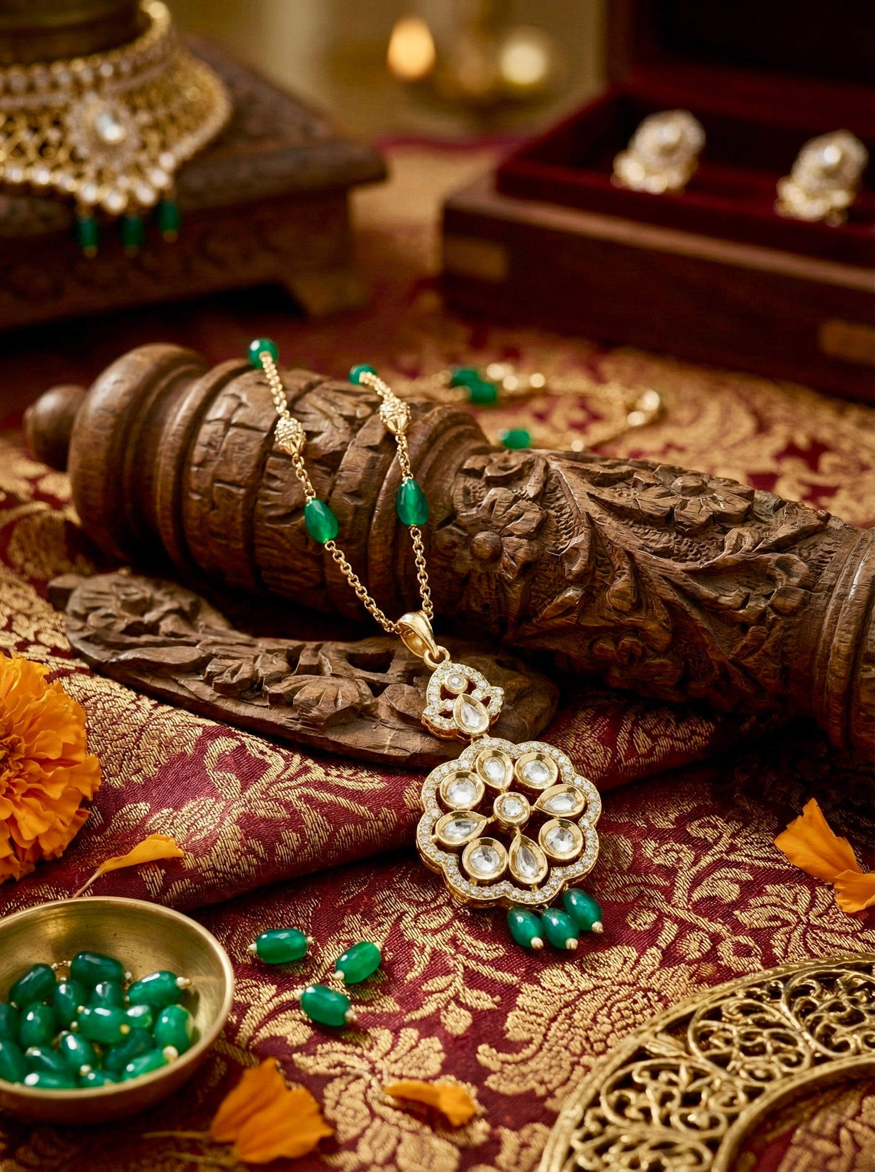 Close-up of Emerald Pushpa Grace kundan necklace showing floral kundan stones and green bead drops