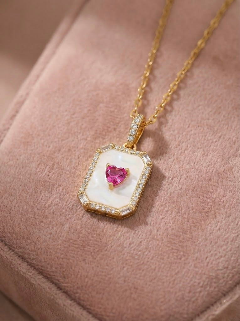 Emerelle crimson heart halo necklace with red heart stone and gold anti-tarnish pendant