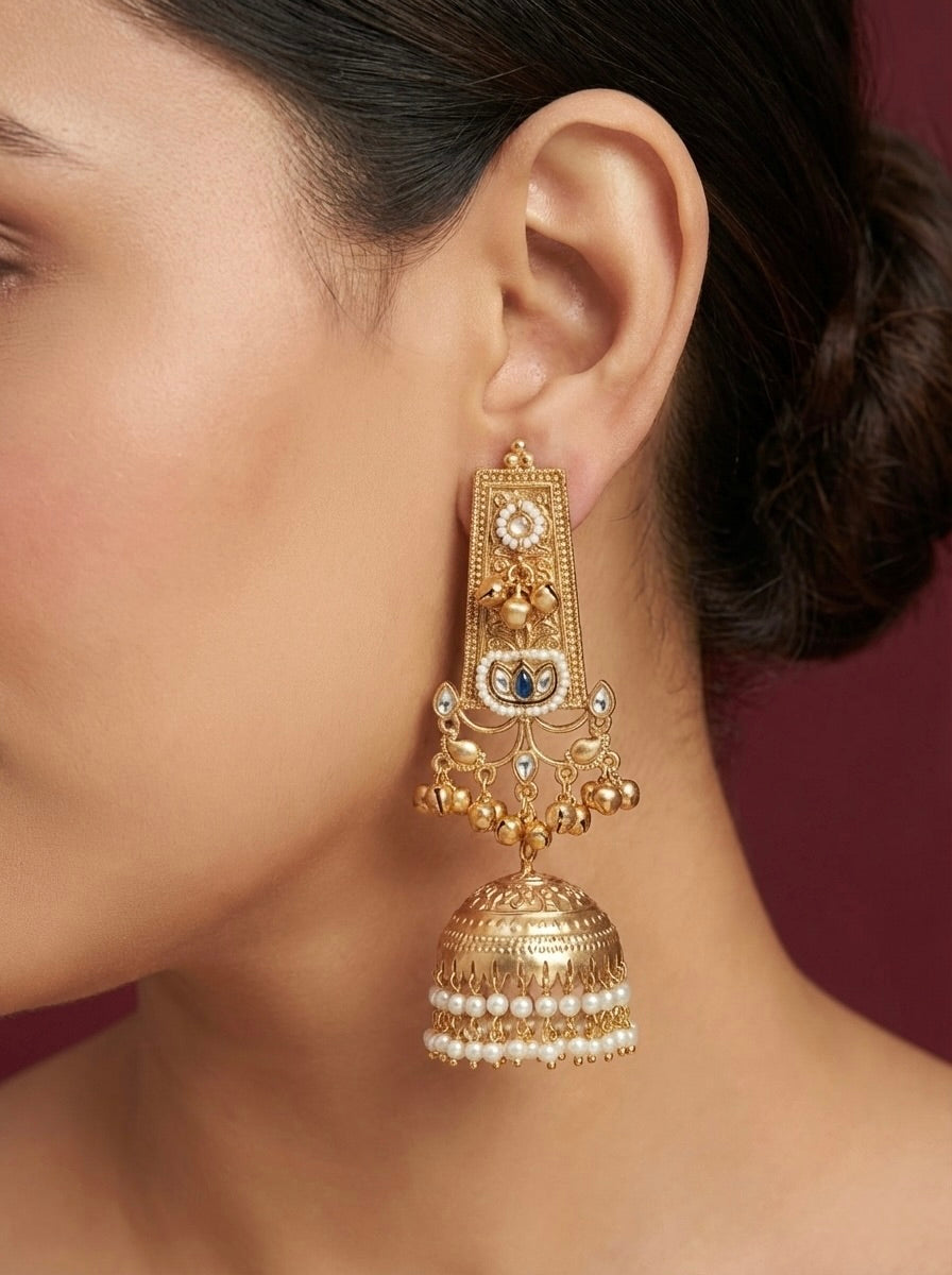 Traditional Bridal Jhumka Earrings – Pearl Danglers & Engraved Dome