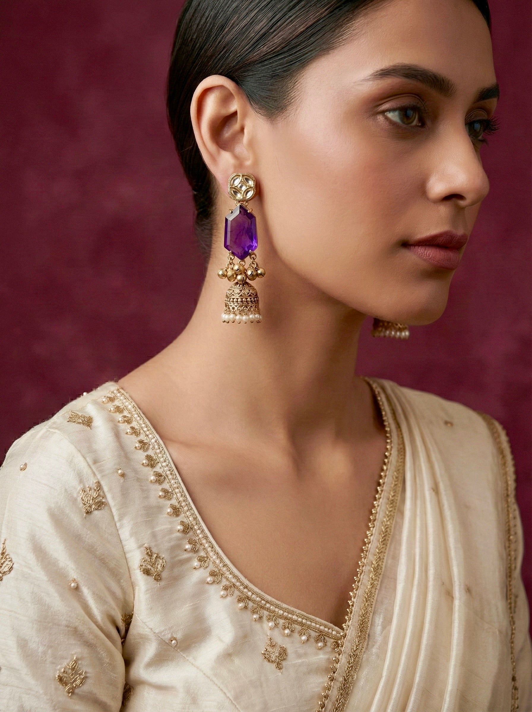 Statement Festive Earrings – Purple Stone & Gold Finish Jhumkas
