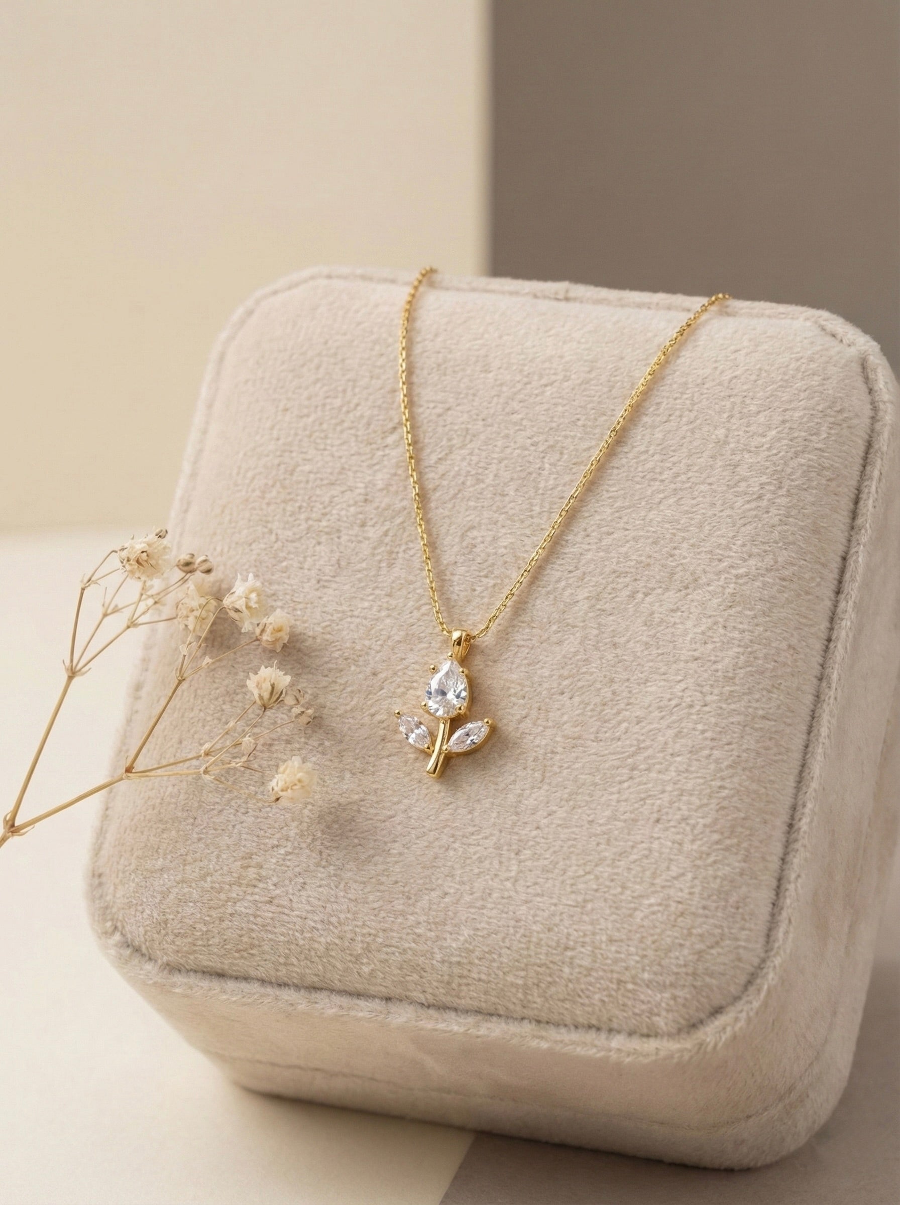 Floria Bud CZ pendant necklace in gold with anti-tarnish finish and delicate floral design