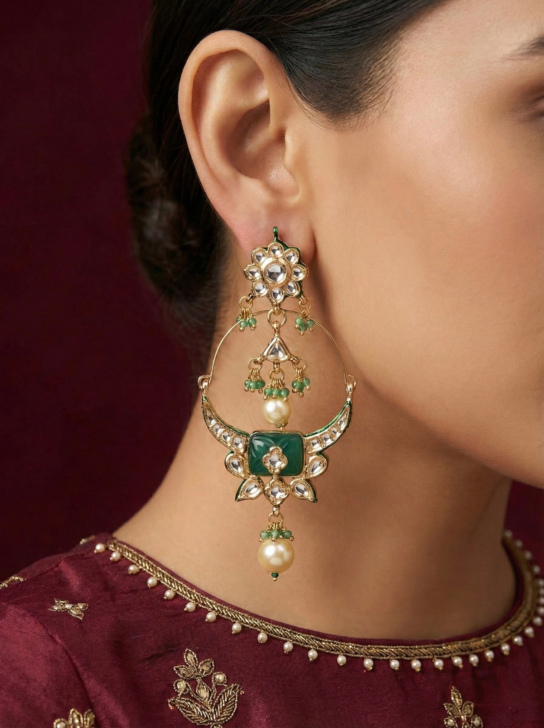 Statement Wedding Jewellery – Green Kundan & Pearl Dangler Earrings