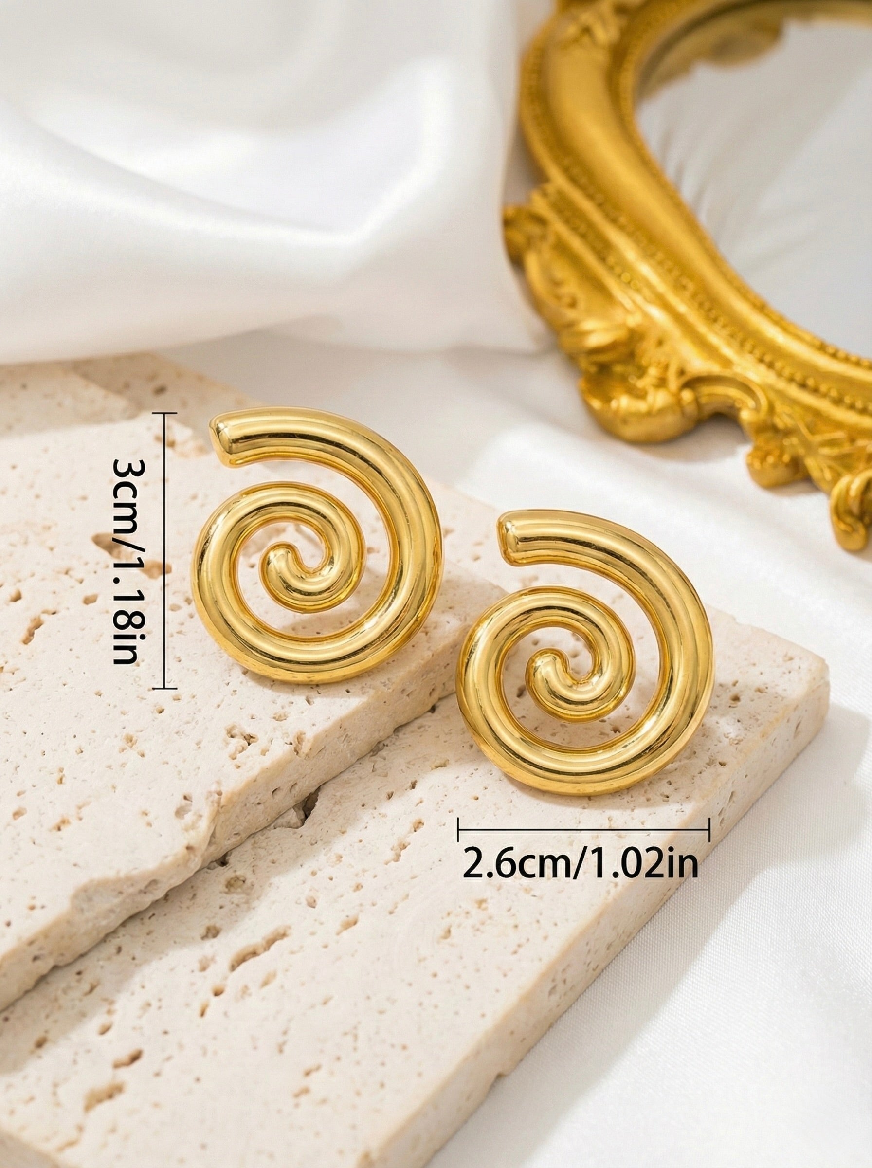 Measurements of Helix spiral gold studs with anti-tarnish finish for women