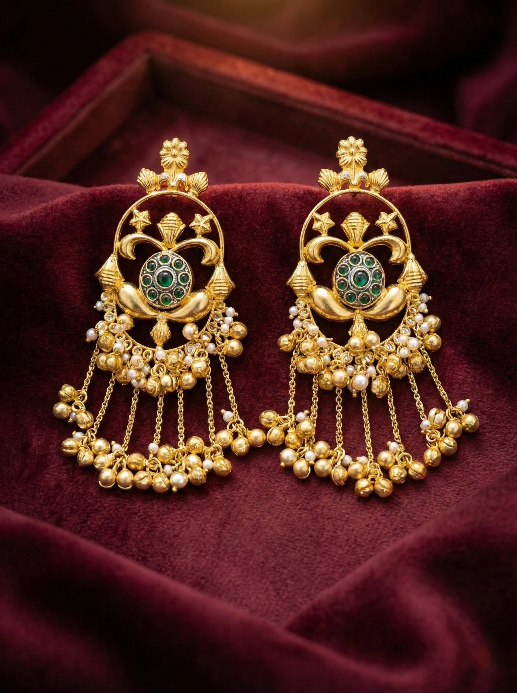 Kashmiri Brass Ghungroo Earrings with Antique Gold Floral Dangler and Emerald Green Stone Center