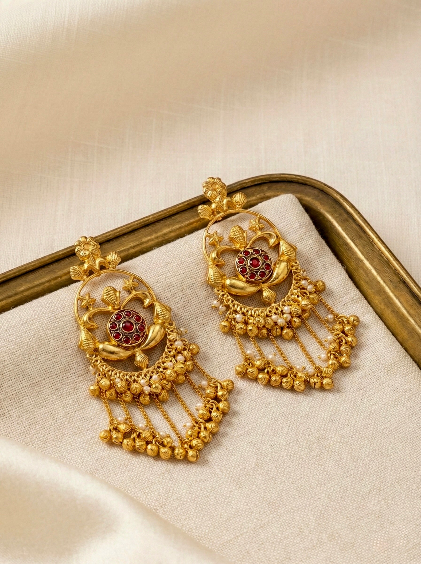 Kashmiri Brass Ghungroo Earrings with Antique Gold Floral Dangler and Ruby Stone Center