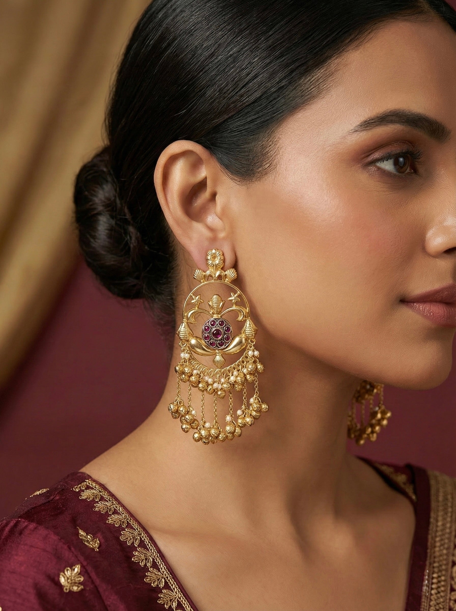 Ruby Stone Floral Ghungroo Danglers – Traditional Kashmiri Earrings