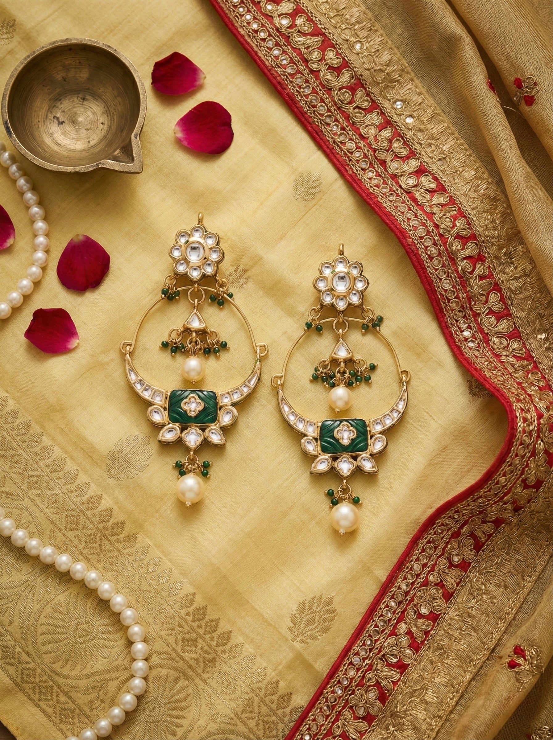 Kundan Green Crescent Dangler Earrings with Pearls – Festive & Wedding Wear