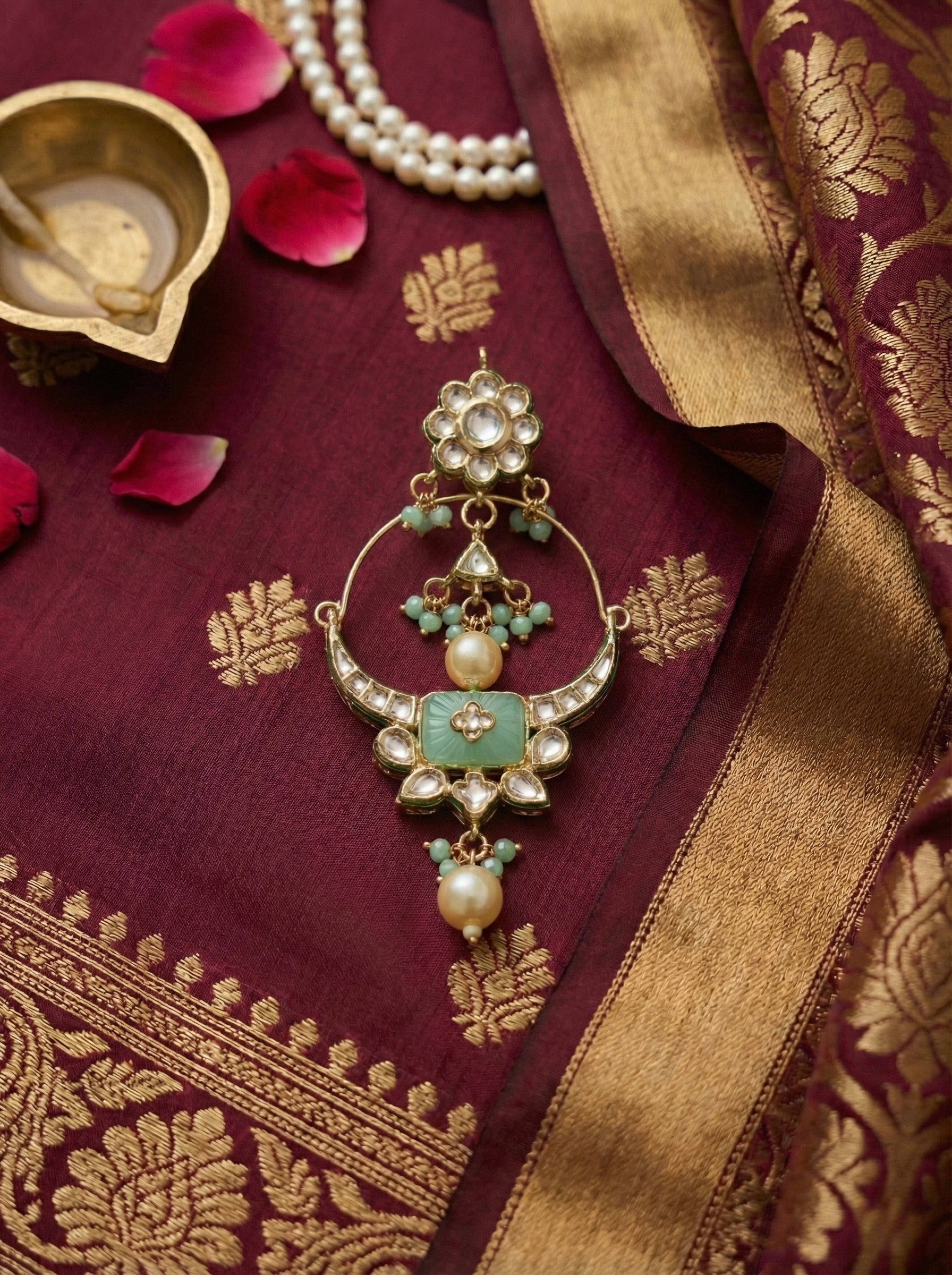 Kundan Mint Green Crescent Dangler Earrings with Pearls – Festive & Wedding Wear
