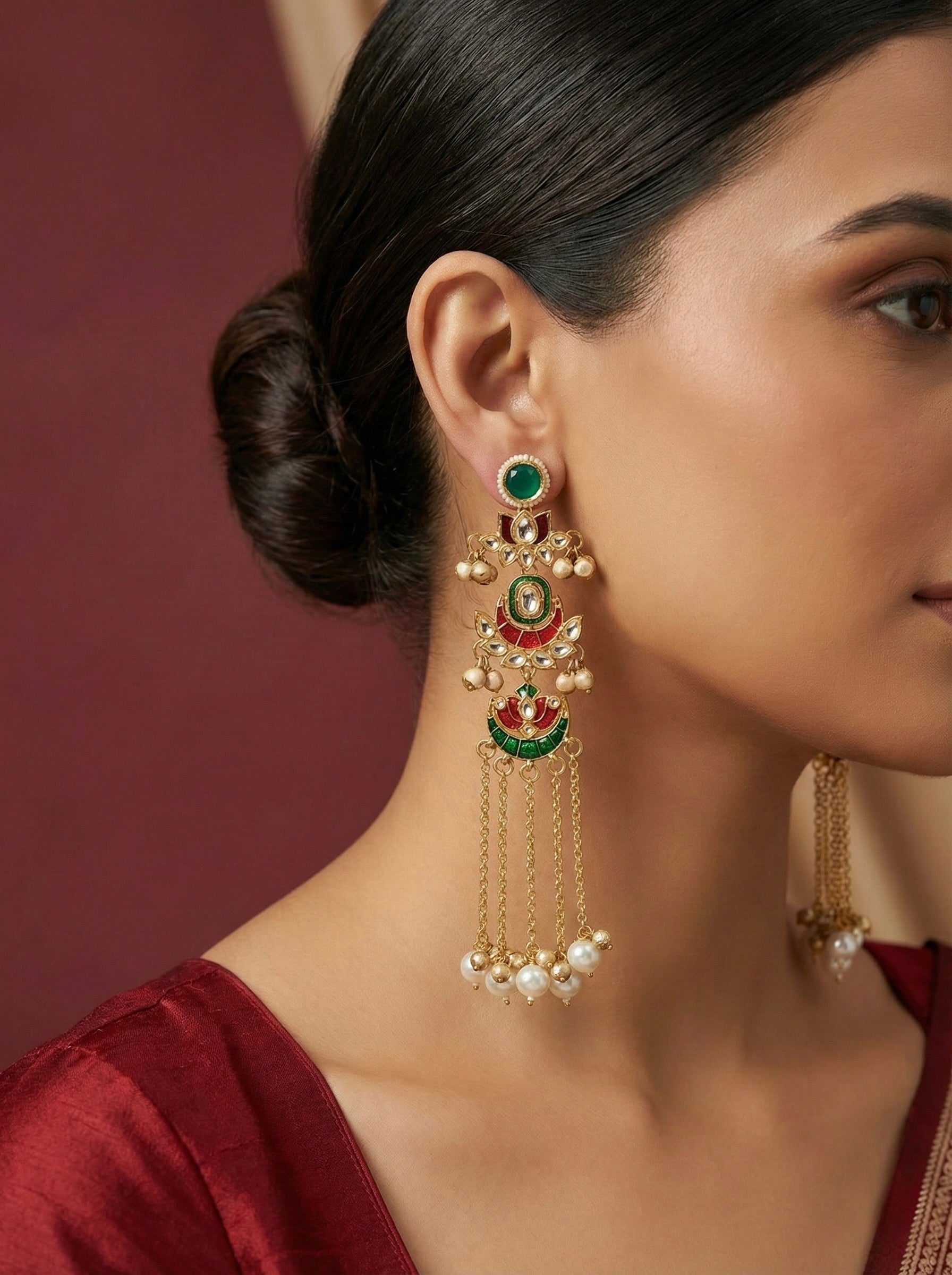 Traditional Indian Kundan Danglers with Pearl Chains on Model