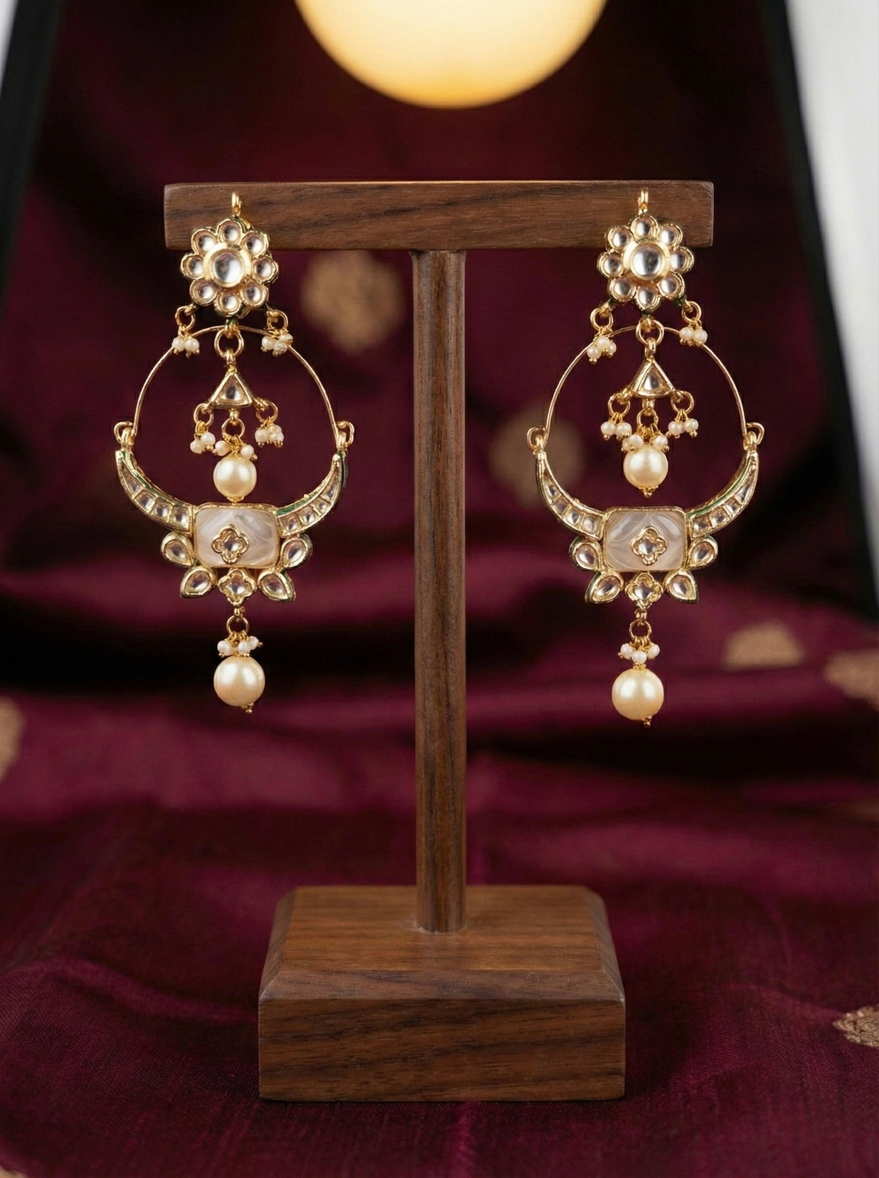 Kundan White Crescent Dangler Earrings with Pearls – Festive & Wedding Wear